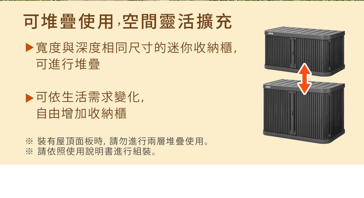 可堆疊使用,空間靈活擴充 寬度與深度相同尺寸的迷你收納櫃, 可進行堆疊 可依生活需求變化, 自由增加收納櫃 裝有屋頂面板時,請勿進行兩層堆疊使用。 請依照使用說明書進行組裝。