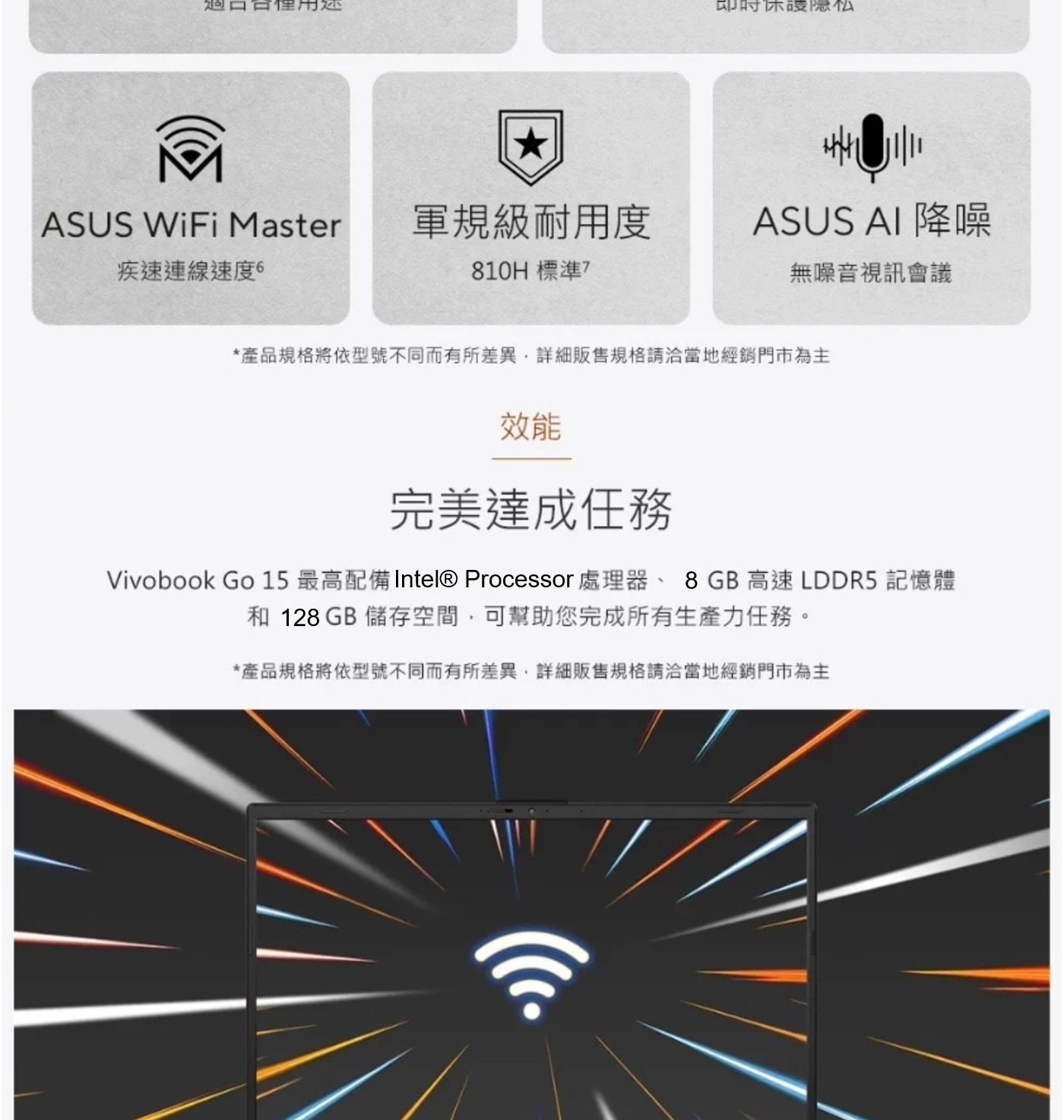 這裡用述 即時休謢隱私 辛 ASUS WiFi Master 軍規級耐用度 AI 降噪 疾速連線速度 標準7 無噪音視訊會議 產品規格將依型號不同而有所差異...