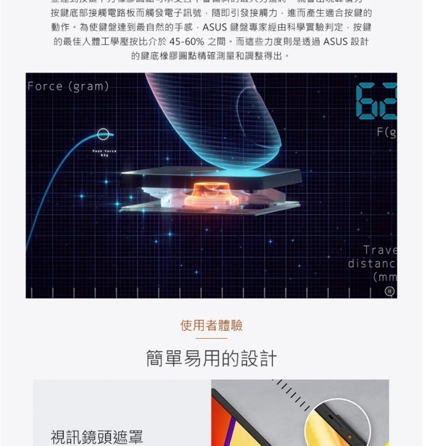 按鍵底部接觸電路板而觸發電子訊號,隨即引發接觸力,進而產生適合按鍵的 動作。為使鍵盤達到最自然的手感,ASUS 鍵盤專家經由科學實驗判定,按鍵 的最佳人體工學壓按比介於45-60之間。
