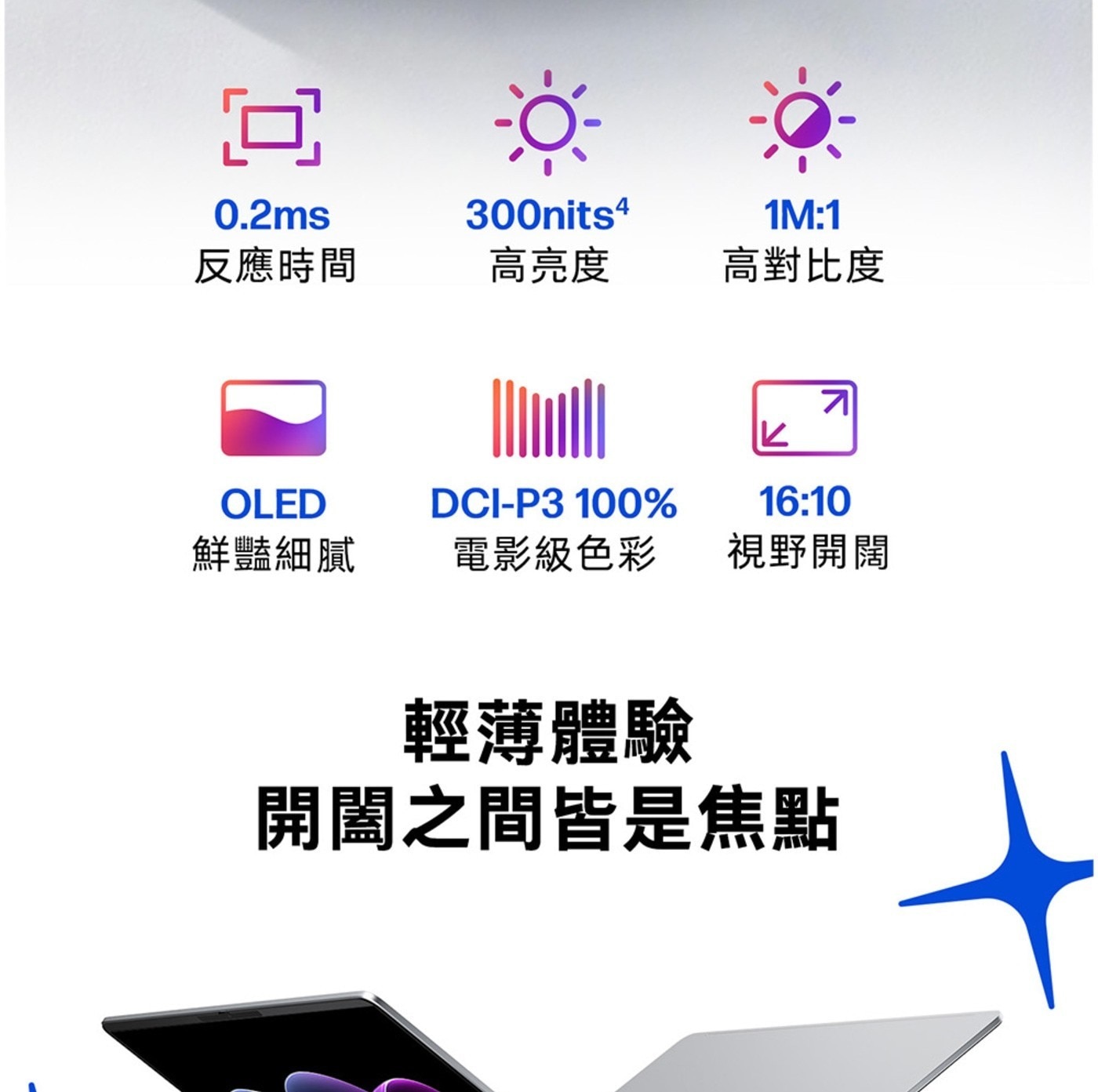 回反應時間 高亮度 高對比度 OLED 16:10 鮮豔細膩 電影級色彩 視野開闊 輕薄體驗 開闔之間皆是焦點