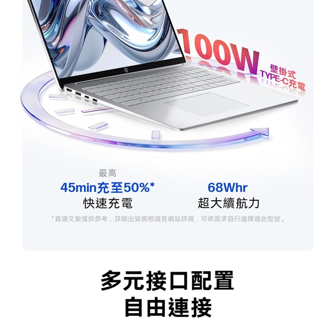 100W 壁掛式 TYPE-C充電 最高 45min充至50 快速充電 超大續航力 賣場文案僅供參考,詳細出貨規格請見網站詳規,可依需求自行選擇適合型號。 多元接口配置 自由連接