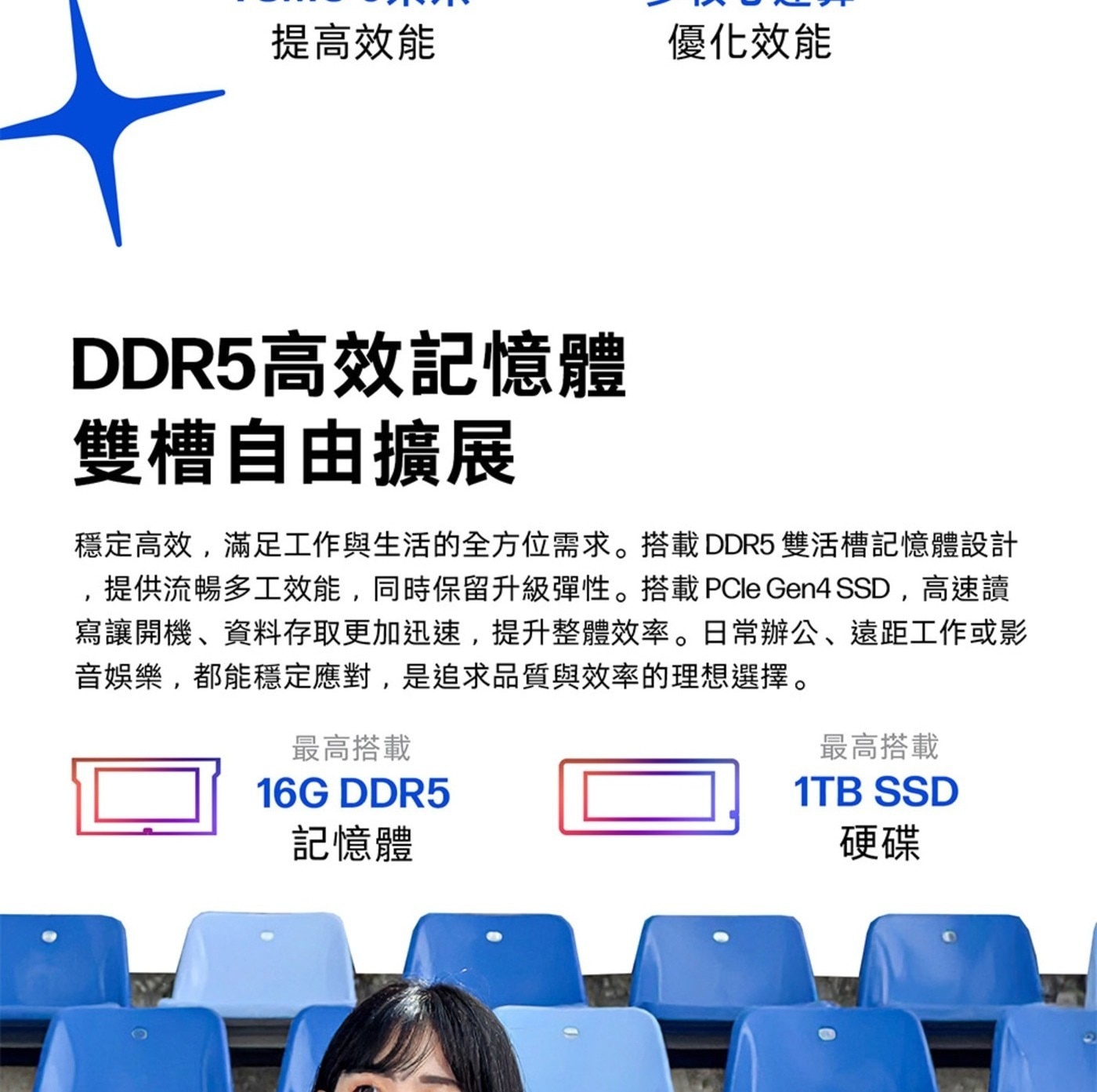 提高效能 優化效能 DDR5高效記憶體 雙槽自由擴展 穩定高效,滿足工作與生活的全方位需求。搭載DDR5雙活槽記憶體設計 提供流暢多工效能,同時保留升級彈性。