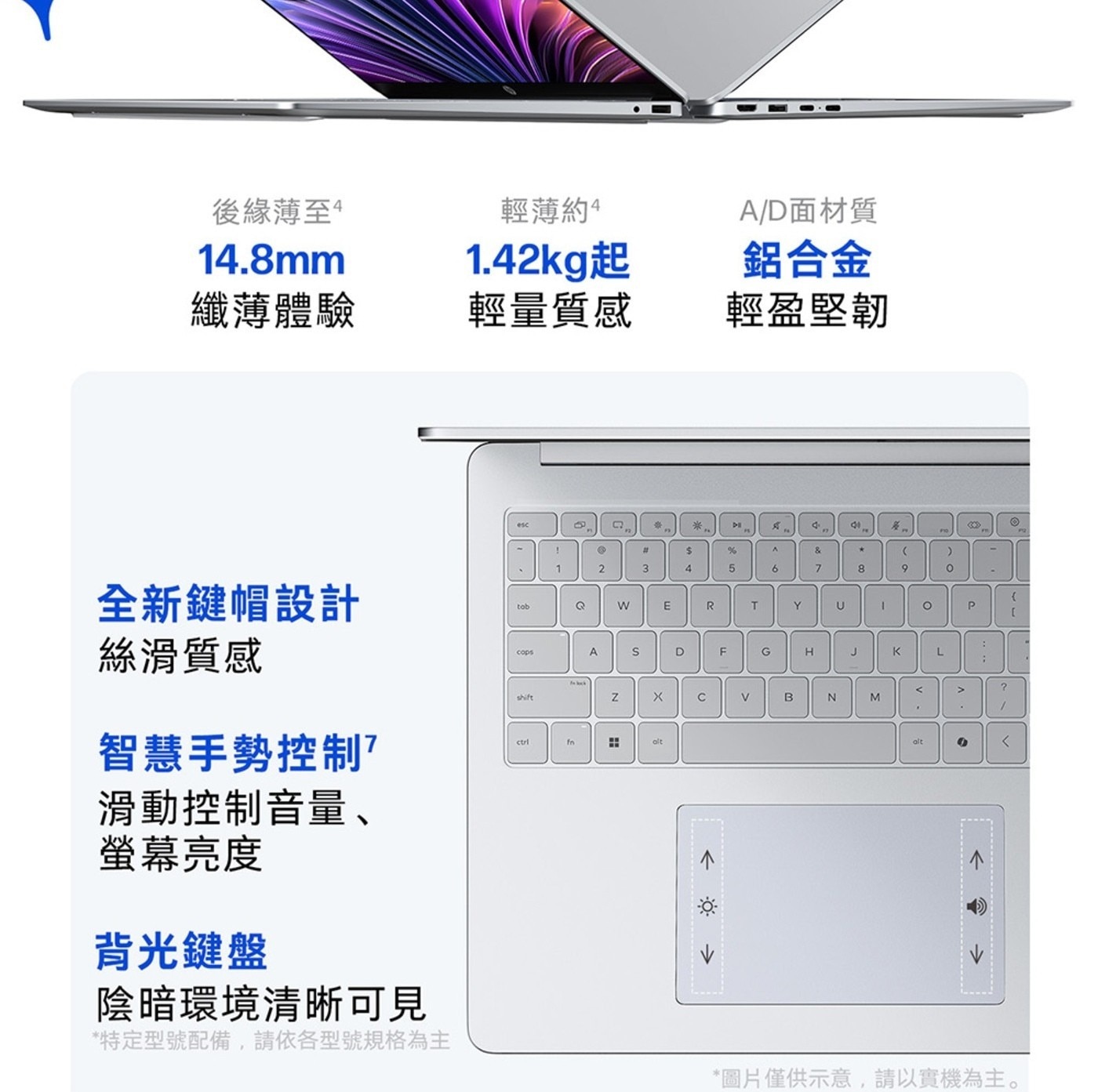 後緣薄至4 14.8mm 輕薄約4 1.42kg起 A/D面材質 鋁合金 纖薄體驗 輕量質感 輕盈堅韌 esc 全新鍵帽設計 tob 絲滑質感 智慧手勢控制?