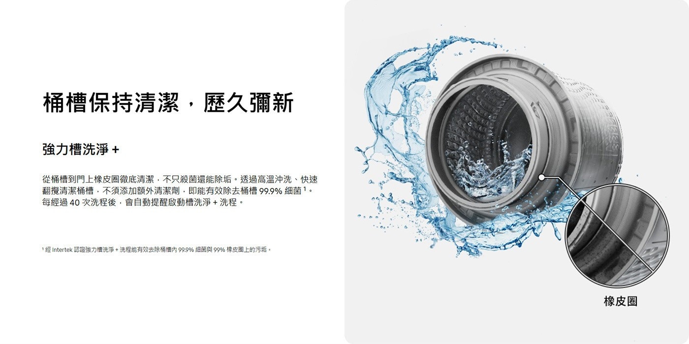 桶槽保持清潔,歷久彌新 強力槽洗淨 從桶槽到門上橡皮圈徹底清潔,不只殺菌還能除垢。透過高溫沖洗、快速 翻攪清潔桶槽,不須添加額外清潔劑,即能有效除去桶槽 細菌1。