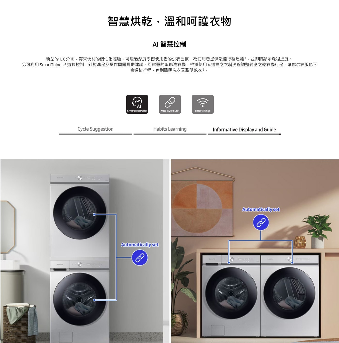 智慧烘乾,溫和呵護衣物 AI 智慧控制 新型的 UX 介面,帶來便利的個性化體驗,可透過深度學習使用者的烘衣習慣,為使用者提供最佳行程建議,並即時顯示洗程進度。