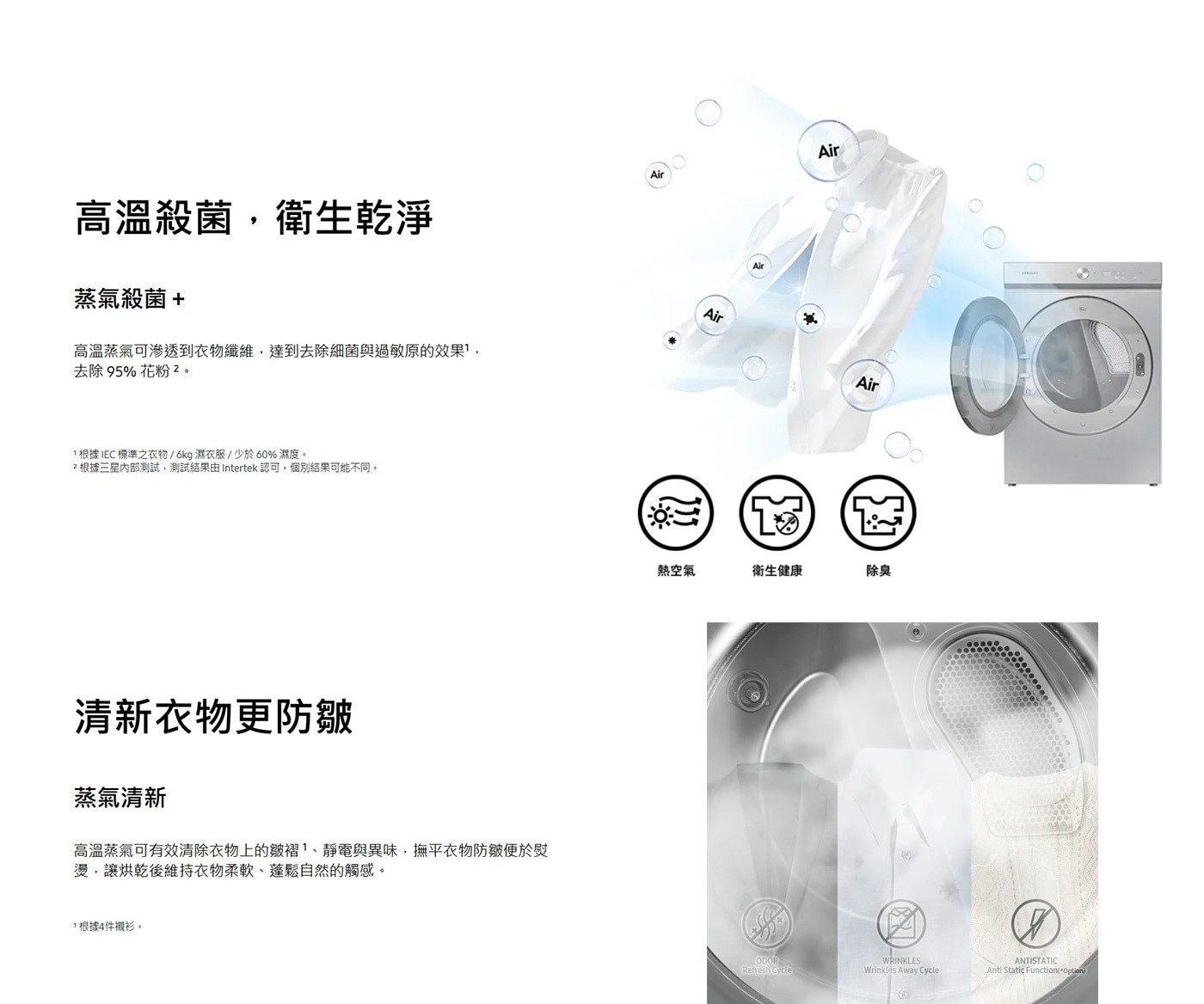 Air 高溫殺菌,衛生乾淨 蒸氣殺菌 高溫蒸氣可滲透到衣物纖維,達到去除細菌與過敏原的效果, 去除 花粉2。 根據IEC標準之衣物/6kg濕衣服/少於60 濕度。