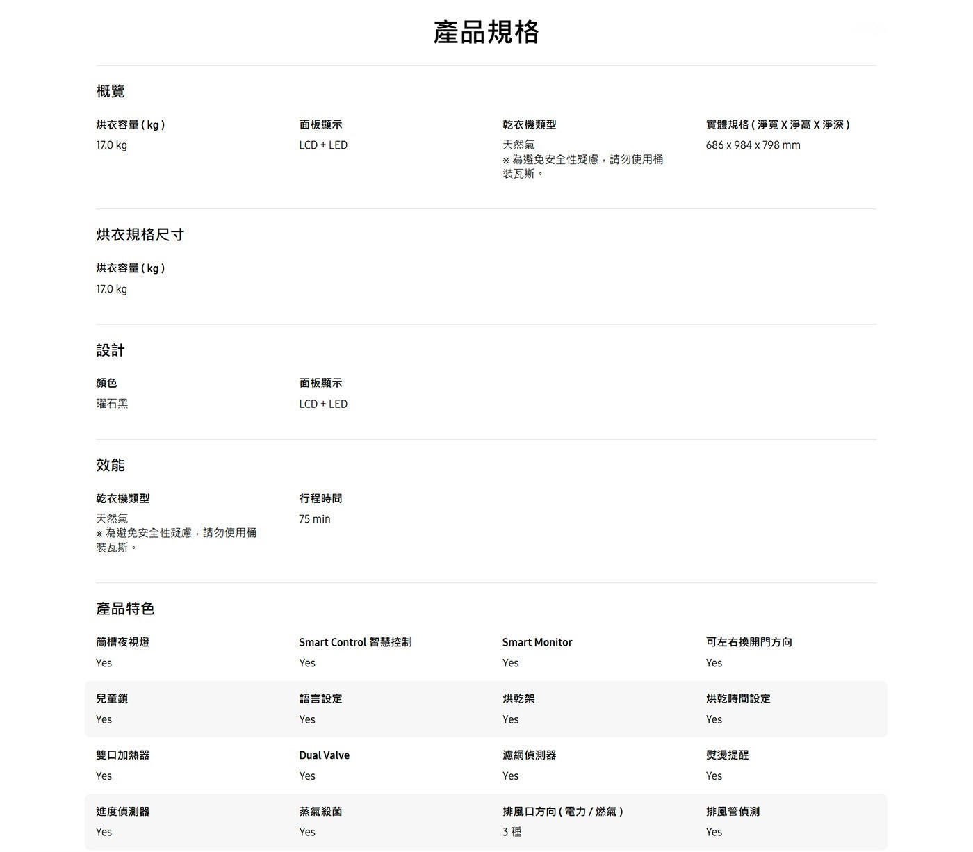 產品規格 概覽 烘衣容量kg 面板顯示 乾衣機類型 實體規格淨寬X淨高X淨深 kg LCD LED 天然氣 mm ※為避免安全性疑慮,請勿使用桶 裝瓦斯。