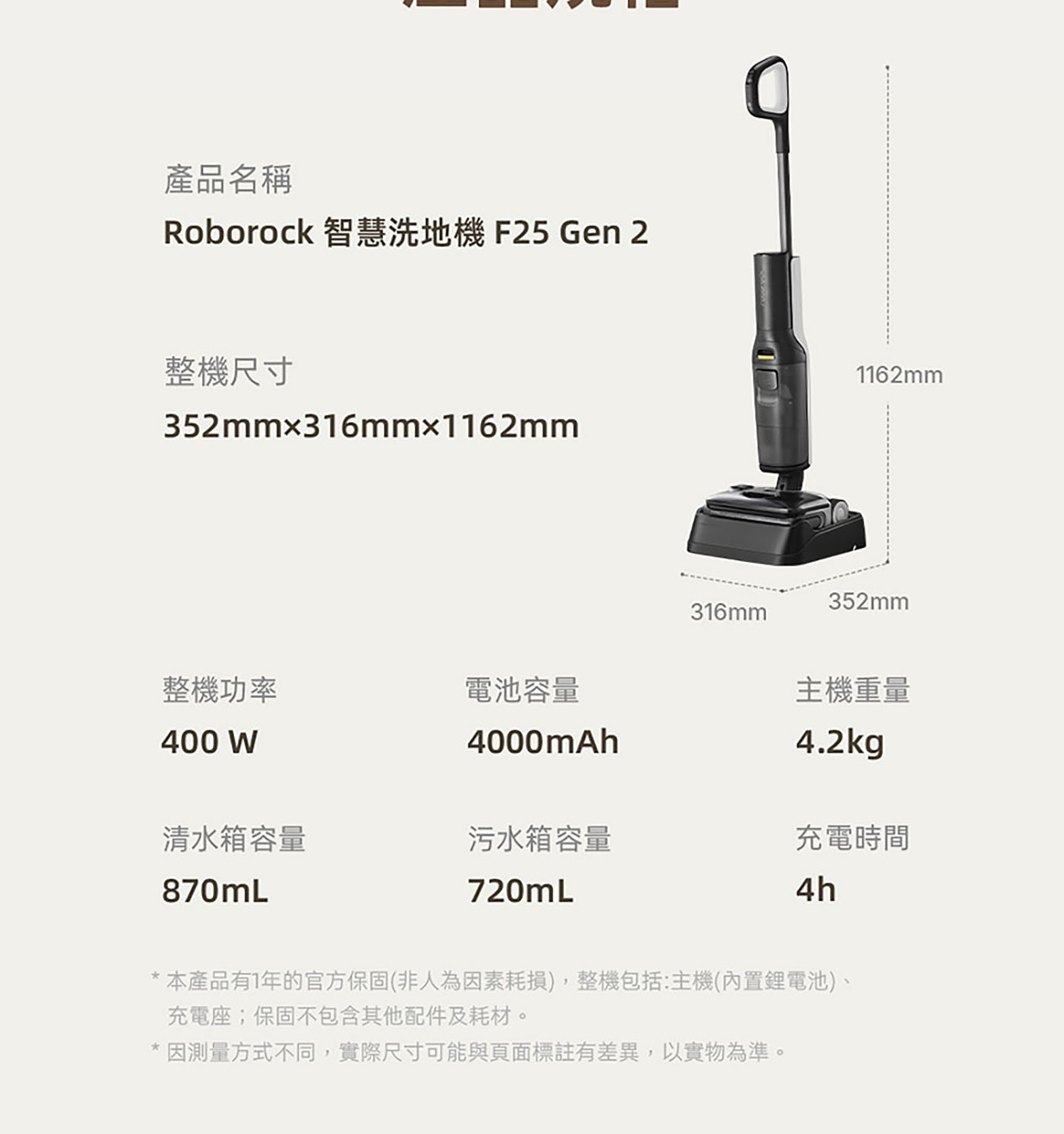 產品名稱 Roborock 智慧洗地機 Gen 整機尺寸 1162mm 352mm 316mm 整機功率 電池容量 主機重量 400W 4000mAh 清水箱容量 870mL 污水箱容量 720mL...