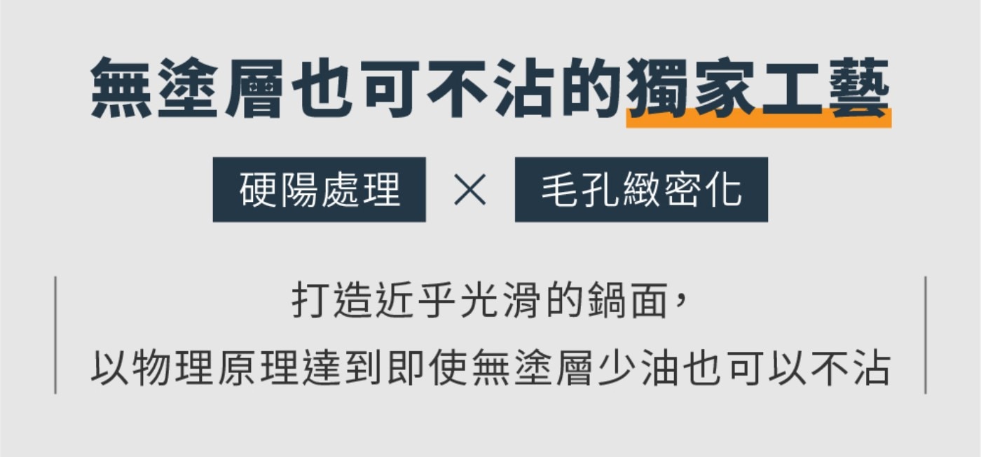 無塗層也可不沾的獨家工藝 硬陽處理「X 毛孔緻密化 打造近乎光滑的鍋面, 以物理原理達到即使無塗層少油也可以不沾