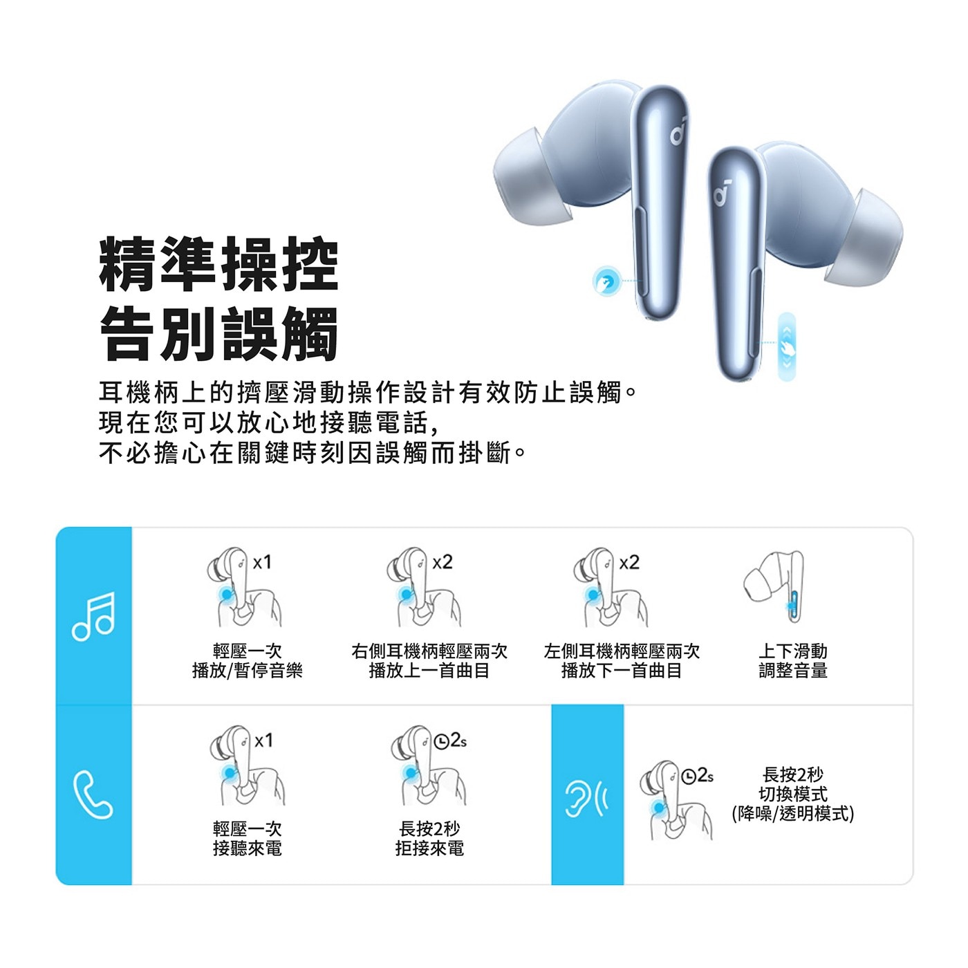 精準操控 告別誤觸 耳機柄上的擠壓滑動操作設計有效防止誤觸。 現在您可以放心地接聽電話, 不必擔心在關鍵時刻因誤觸而掛斷。