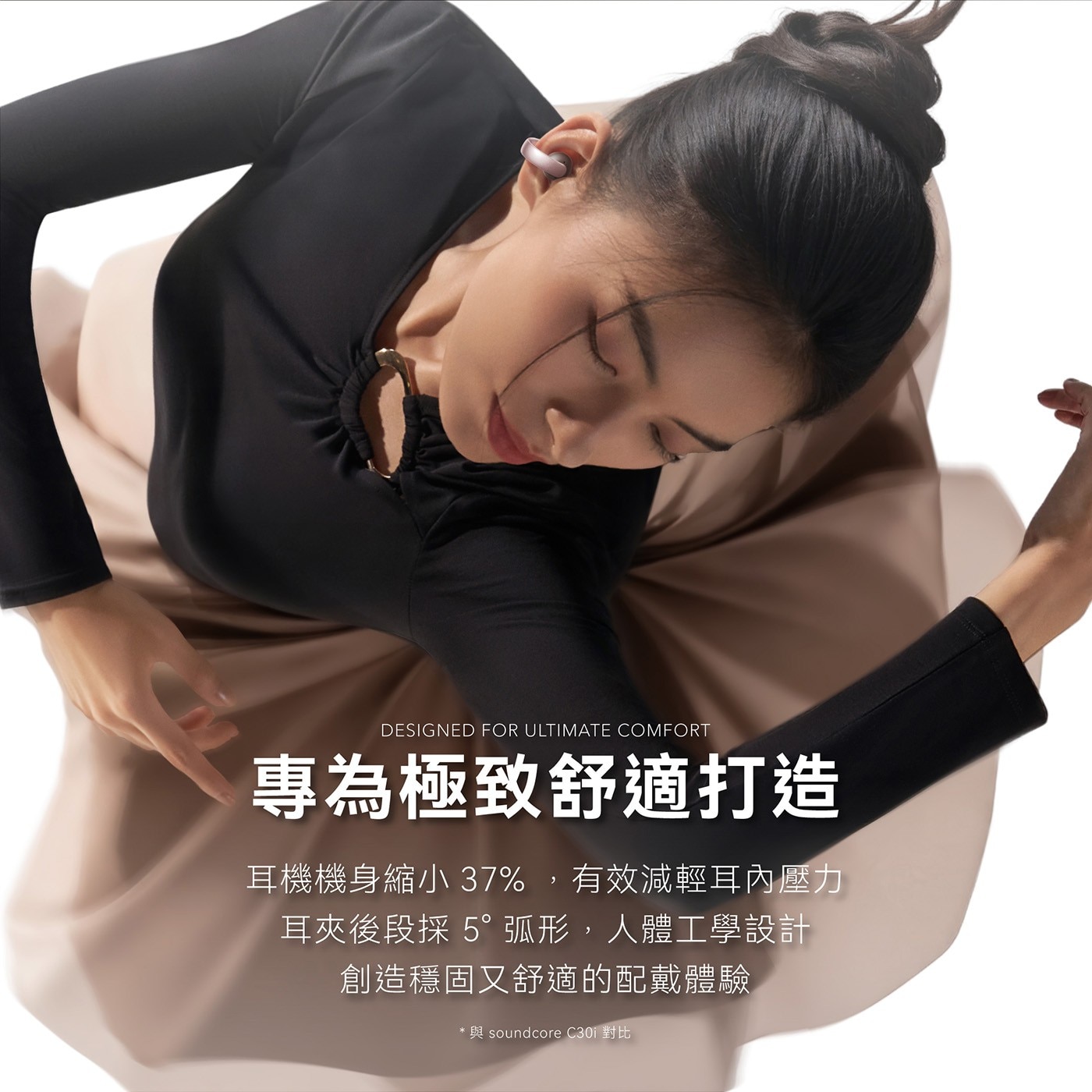 DESIGNED FOR ULTIMATE COMFORT 專為極致舒適打造 耳機機身縮小 37,有效減輕耳內壓力 耳夾後段採 弧形...