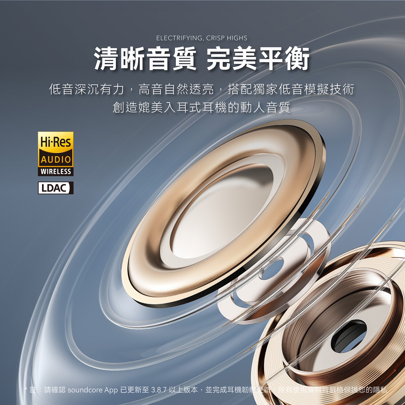 CRISP HIGHS 清晰音質 完美平衡 低音深沉有力,高音自然透亮...