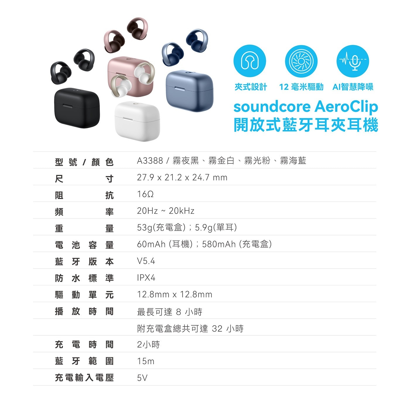 型尺阻 型號/顏色 寸 頻 重 夾式設計 毫米驅動 AI智慧降噪 soundcore AeroClip 開放式藍牙耳夾耳機 抗 率量 霧夜黑、霧金白、霧光粉、霧海藍 mm 53g充電盒;5.