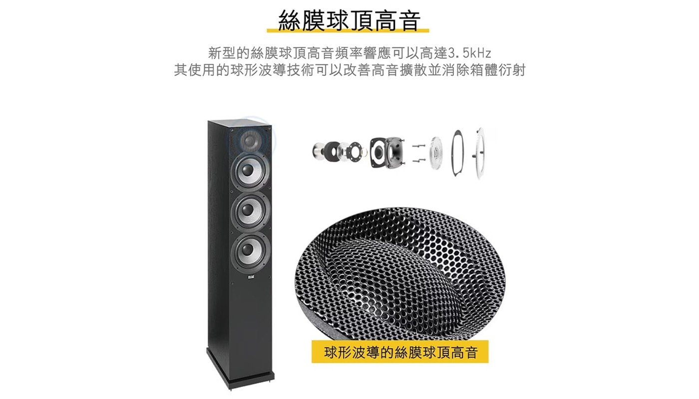 絲膜球頂高音 新型的絲膜球頂高音頻率響應可以高達3.5kHz 其使用的球形波導技術可以改善高音擴散並消除箱體衍射 ELM 球形波導的絲膜球頂高音