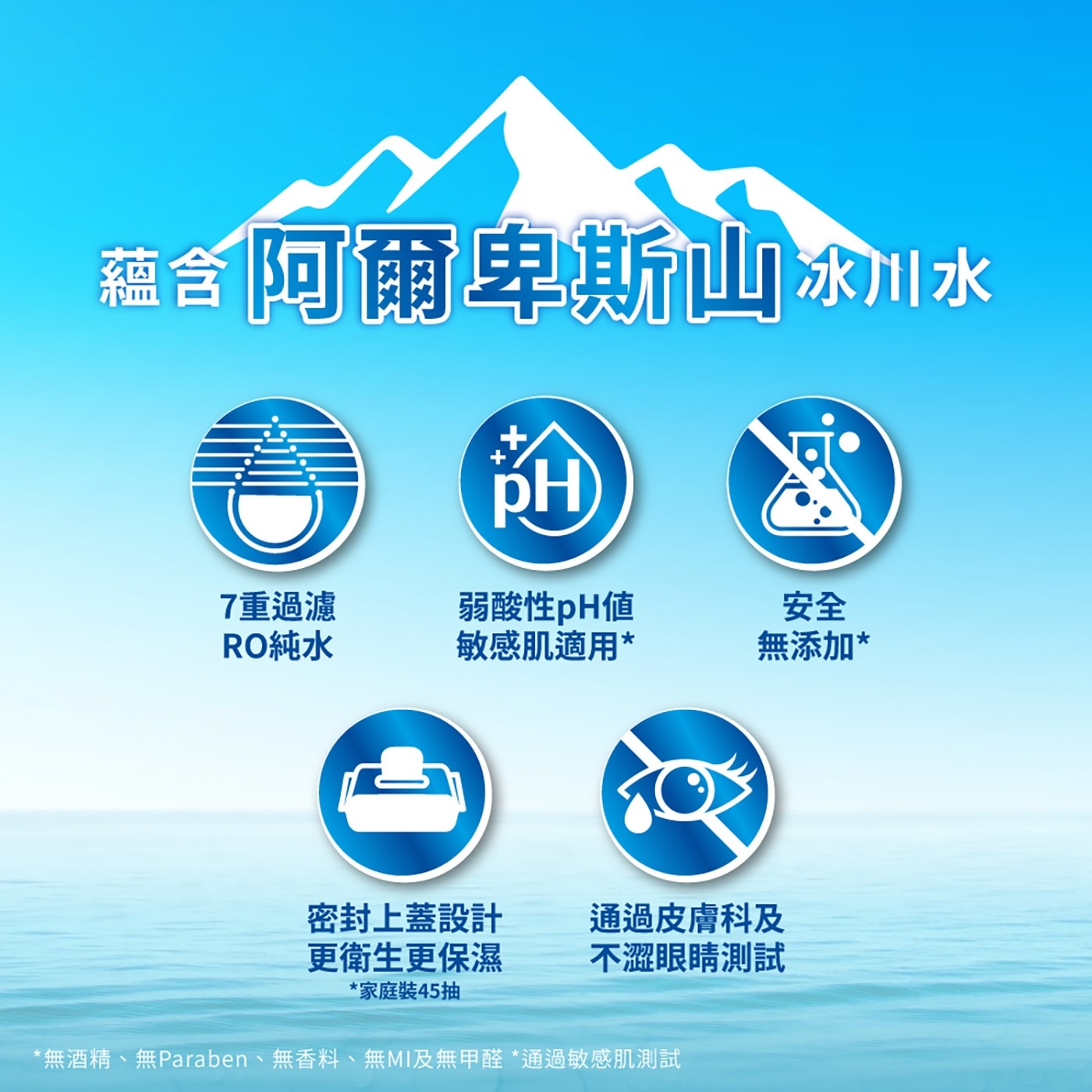 福合阿爾卑斯山冰川水 PH 7重過濾 弱酸性pH値 安全 RO純水 敏感肌適用 無添加 密封上蓋設計 更衛生更保濕 通過皮膚科及 不澀眼睛測試 家庭裝45抽 無酒精、無Paraben、無香料...