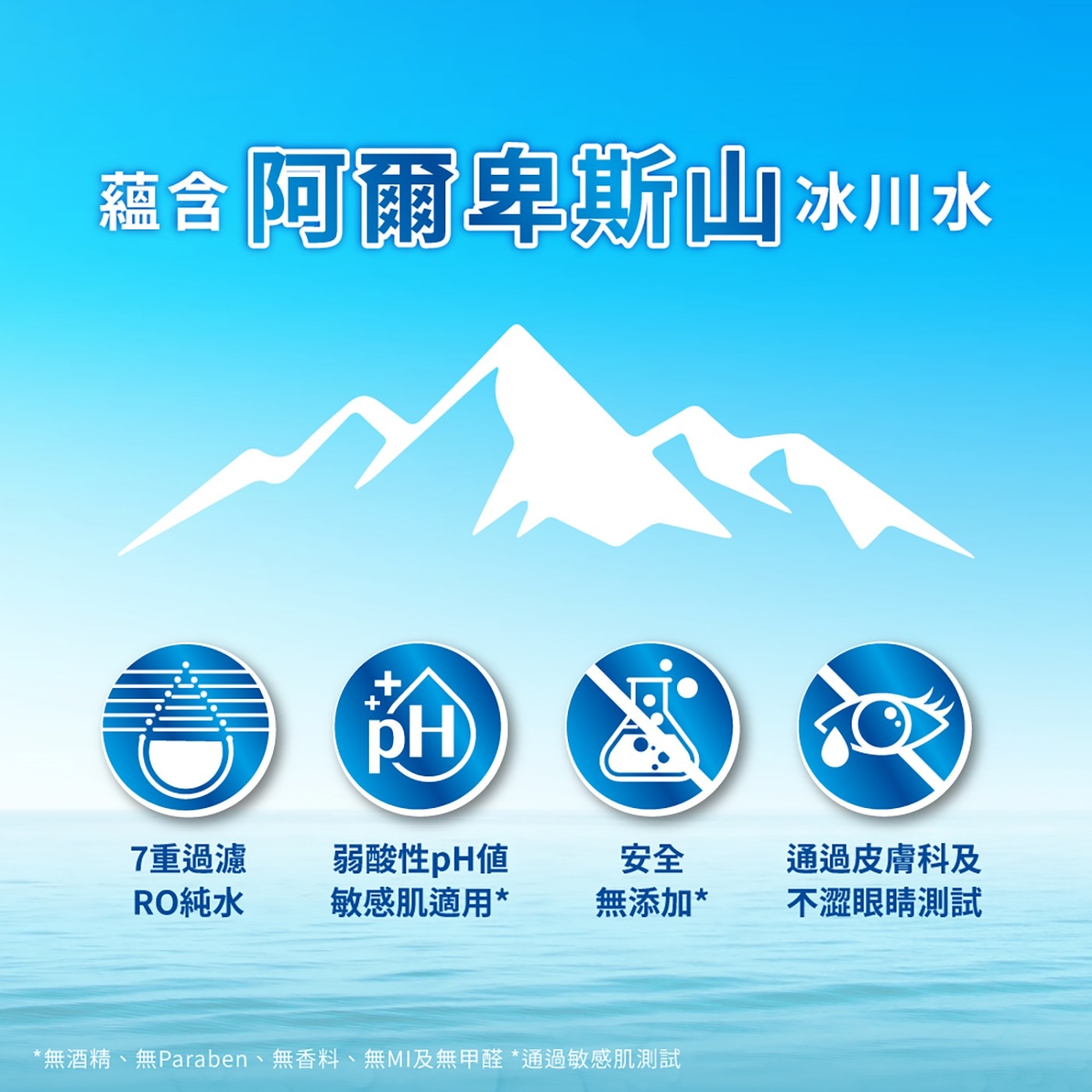 蘊含 阿爾卑斯山冰川水 PH 7重過濾 弱酸性pH値 安全 通過皮膚科及 RO純水 敏感肌適用 無添加 不澀眼睛測試 無酒精、無Paraben、無香料、無MI及無甲醛通過敏感肌測試