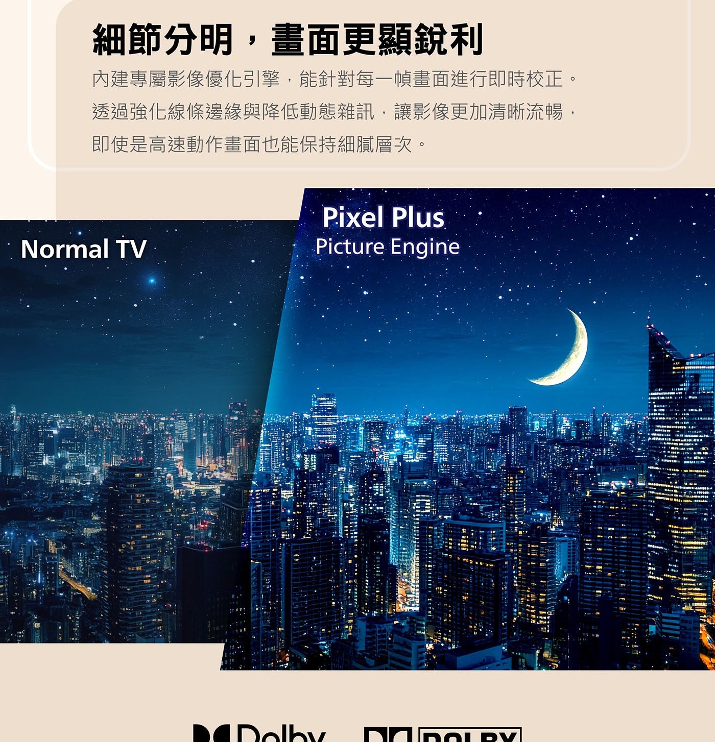 細節分明,畫面更顯銳利 內建專屬影像優化引擎,能針對每 1 幀畫面進行即時校正 透過強化線條邊緣與降低動態雜訊,讓影像更加清晰流暢, 即使是高速動作畫面也能保持細膩層次