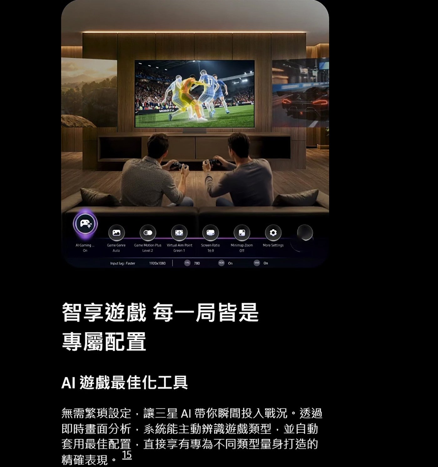 智享遊戲每一局皆是專屬配置 AI 遊戲最佳化工具無需繁瑣設定,讓三星 AI 帶你瞬間投入戰況透過即時畫面分析,系統能主動辨識遊戲類型,並自動套用最佳配置,直接享有專為不同類型量身打造的 15 精確表現