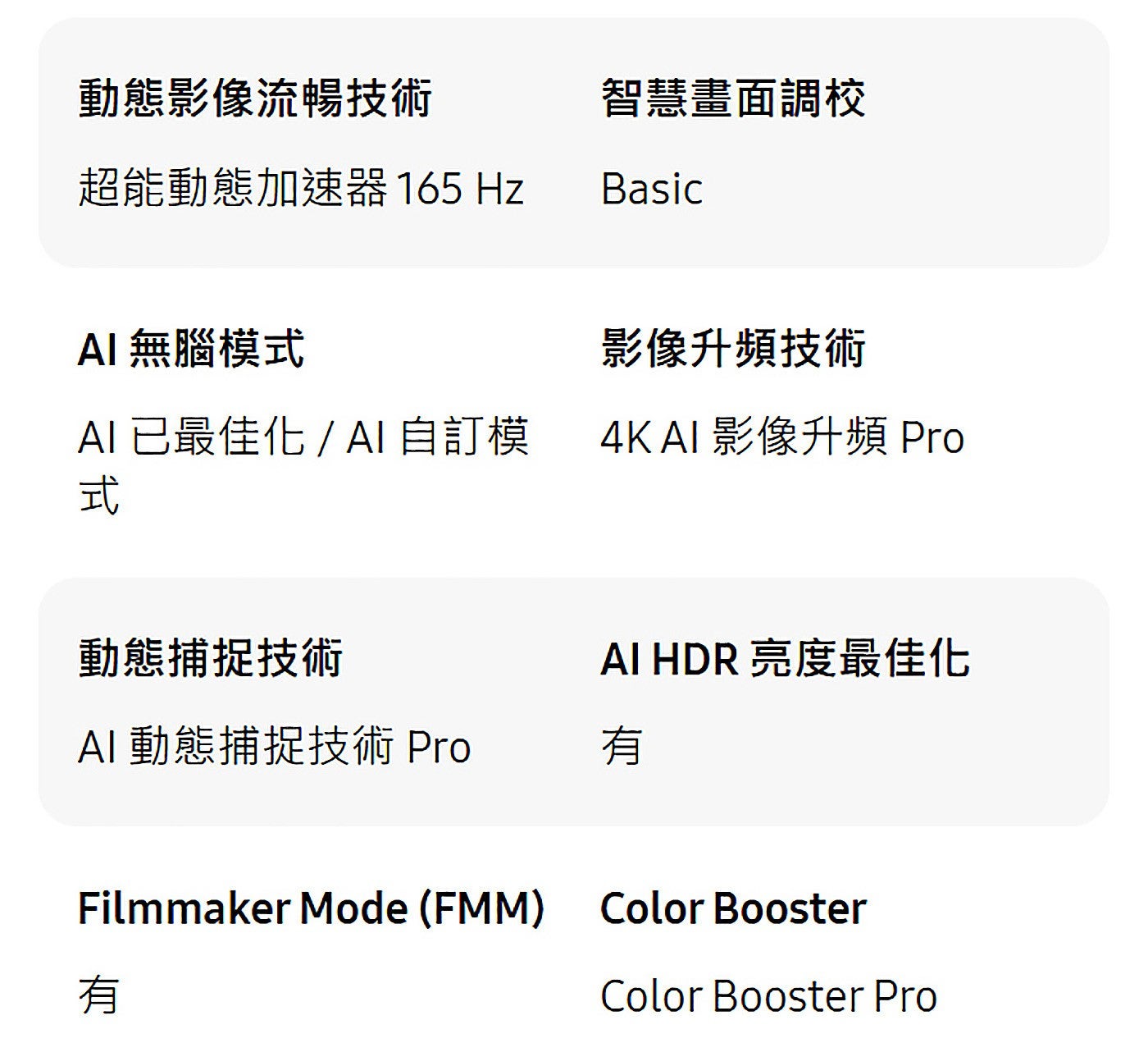 動態影像流暢技術超能動態加速器 165 Hz 智慧畫面調校 AI無腦模式影像升頻技術 AI 已最佳化 / AI 自訂模式 4K AI 影像升頻 Pro 動態捕捉技術 AI HDR 亮度最佳化 AI 動態捕捉技術 Pro 有有