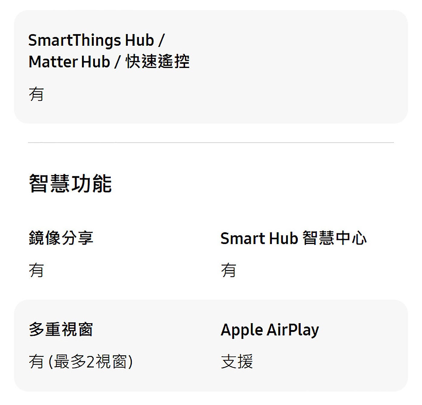 Matter Hub/快速遙控有智慧功能鏡像分享有多重視窗 Smart Hub 智慧中心有有最多2視窗支援 AirPlay