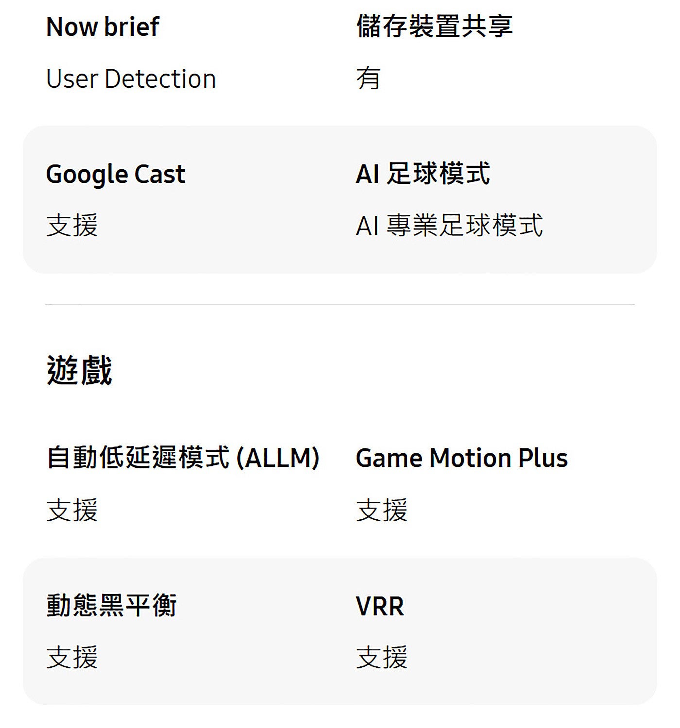 儲存裝置共享有支援遊戲 AI 足球模式 AI 專業足球模式自動低延遲模式ALLM 支援支援動態黑平衡支援支援