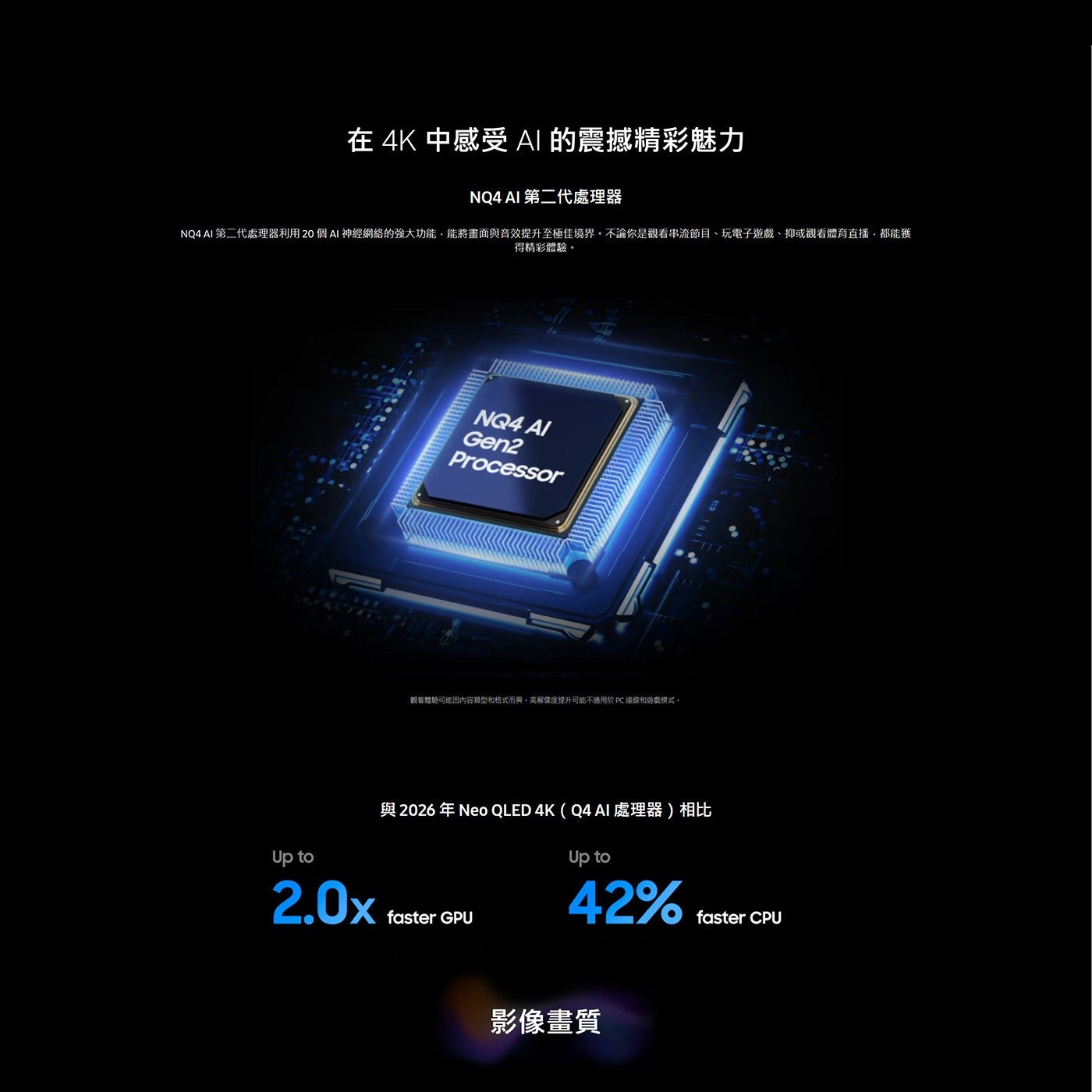 在 4K 中感受 AI 的震撼精彩魅力 NQ4 AI 第二代處理器 NQ4 AI 第二代處理器利用20個AI 神經網絡的強大功能,能將畫面與音效提升至極佳境界不論你是觀看串流節目、玩電子遊戲、抑或觀看體育直播...