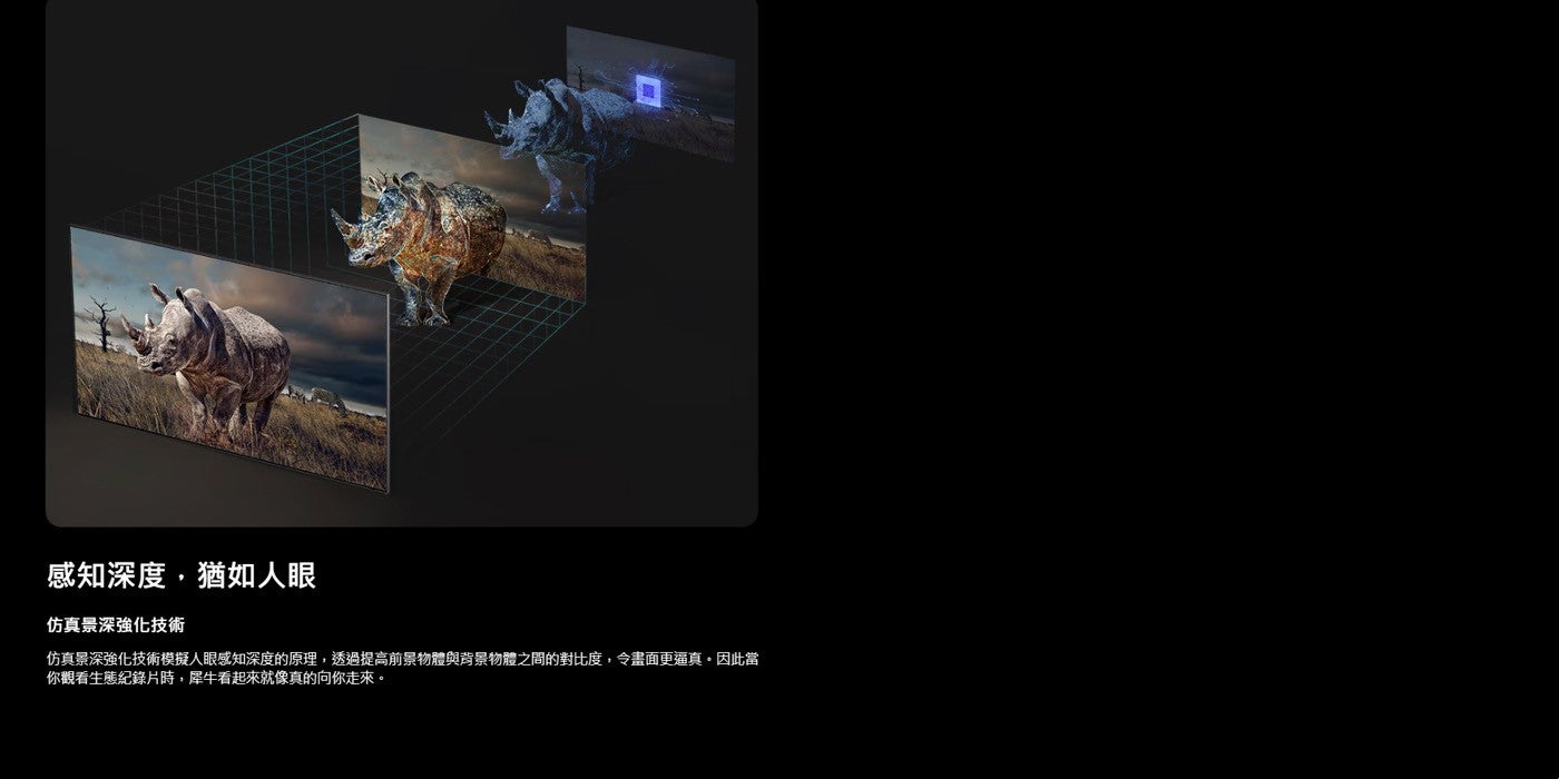 感知深度,猶如人眼仿真景深強化技術仿真景深強化技術模擬人眼感知深度的原理,透過提高前景物體與背景物體之間的對比度,令畫面更逼真因此當你觀看生態紀錄片時,犀牛看起來就像真的向你走來