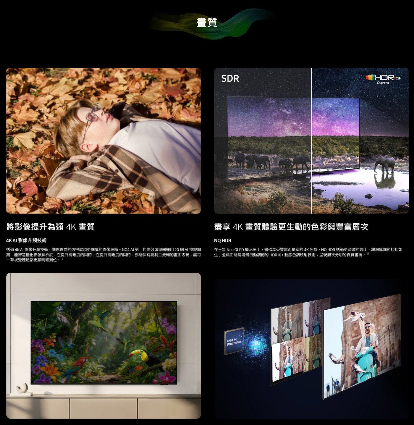 畫質 SDR HDRIC ADAPTIVE 將影像提升為類 4K 4KAI 影像升頻技術 透過 4KAI 影像升頻技術,讓你喜愛的內容展現更細膩的影像細節