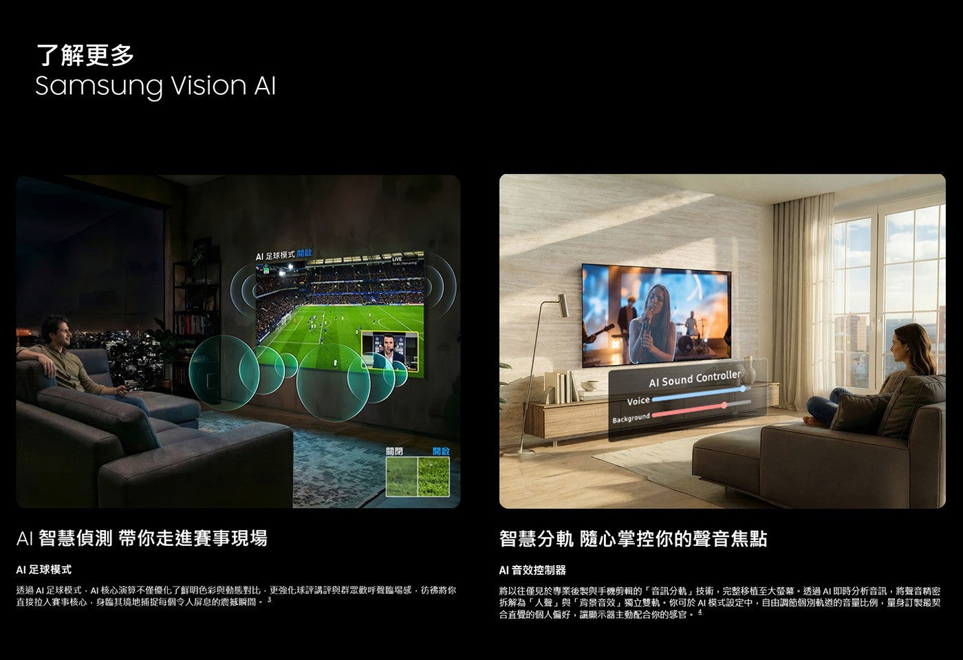 了解更多 Samsung Vision Al Al足球模式開啟 Voice Background 關閉 開啟 Sound Controller AI 智慧偵測 帶你走進賽事現場 AI足球模式...