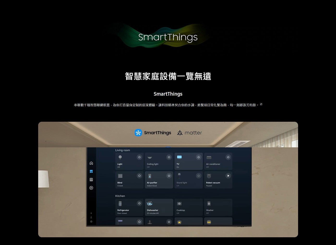 SmartThings 智慧家庭設備一覽無遺 串聯數千種智慧聯網裝置,為你打造量身定制的居家體驗。讓科技精準契合你的步調,將繁瑣日常化繁為簡,每一刻都游刃有餘。