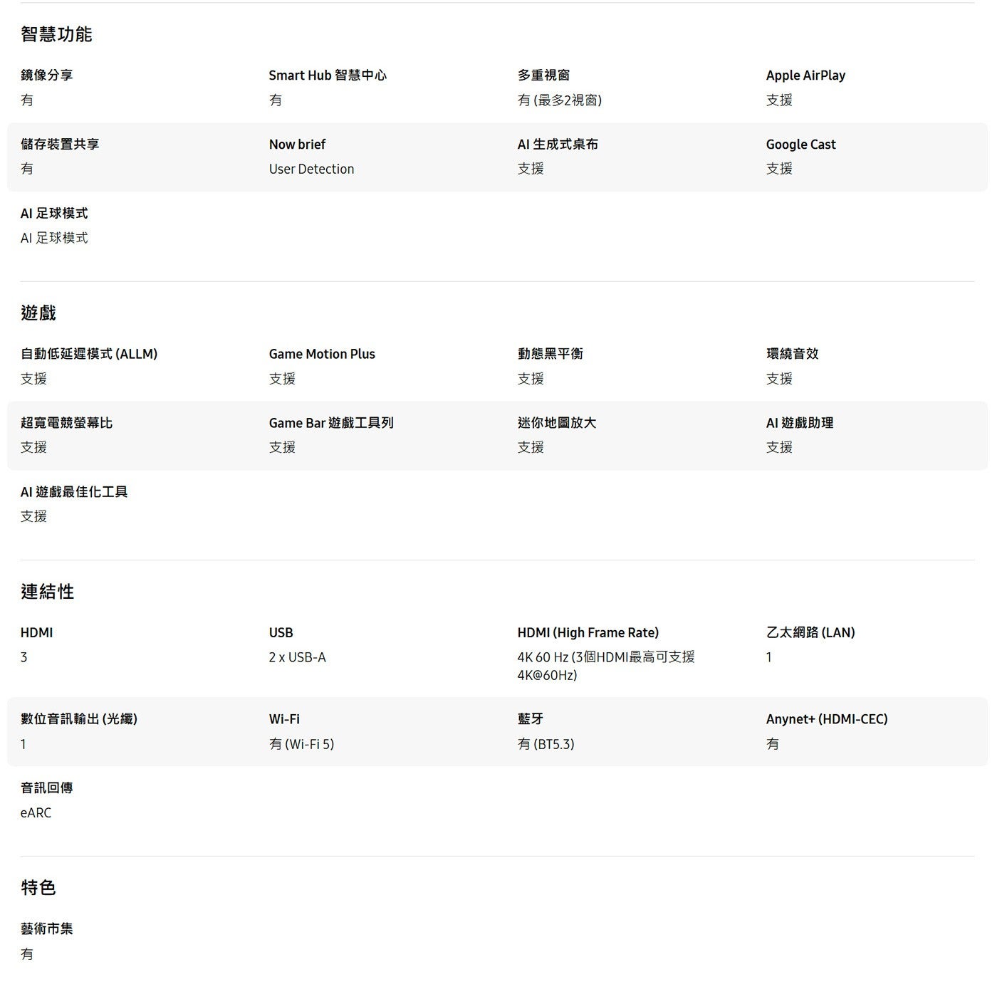 智慧功能 鏡像分享 Smart Hub 智慧中心 多重視窗 Apple AirPlay 有 有最多2視窗 支援 儲存裝置共享 Now brief User Detection AI 生成式桌布...