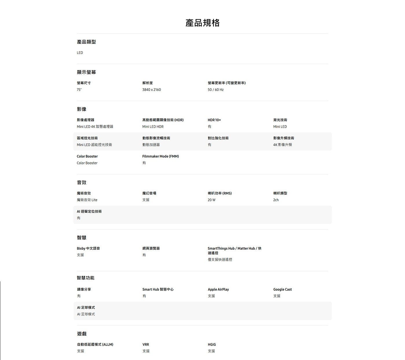 產品類型顯示螢幕螢幕尺寸影像產品規格解析度螢幕更新率可變更新率影像處理器高動態範圍顯像技術HDR Mini LED 4K 智慧處理器有區域控光技術動態影像流暢技術 Mini LED 超能控光技術動態加速器對比強化技術有有背光技術 Mini LE...