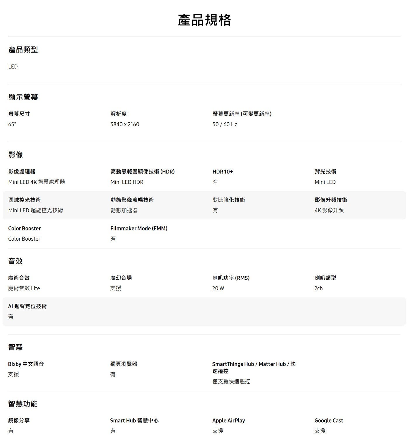 產品類型 產品規格 LED 顯示螢幕 螢幕尺寸 影像 影像處理器 解析度 螢幕更新率可變更新率 60Hz Mini 4K 智慧處理器 區域控光技術 高動態範圍顯像技術 HDR HDR 動態影像流暢...