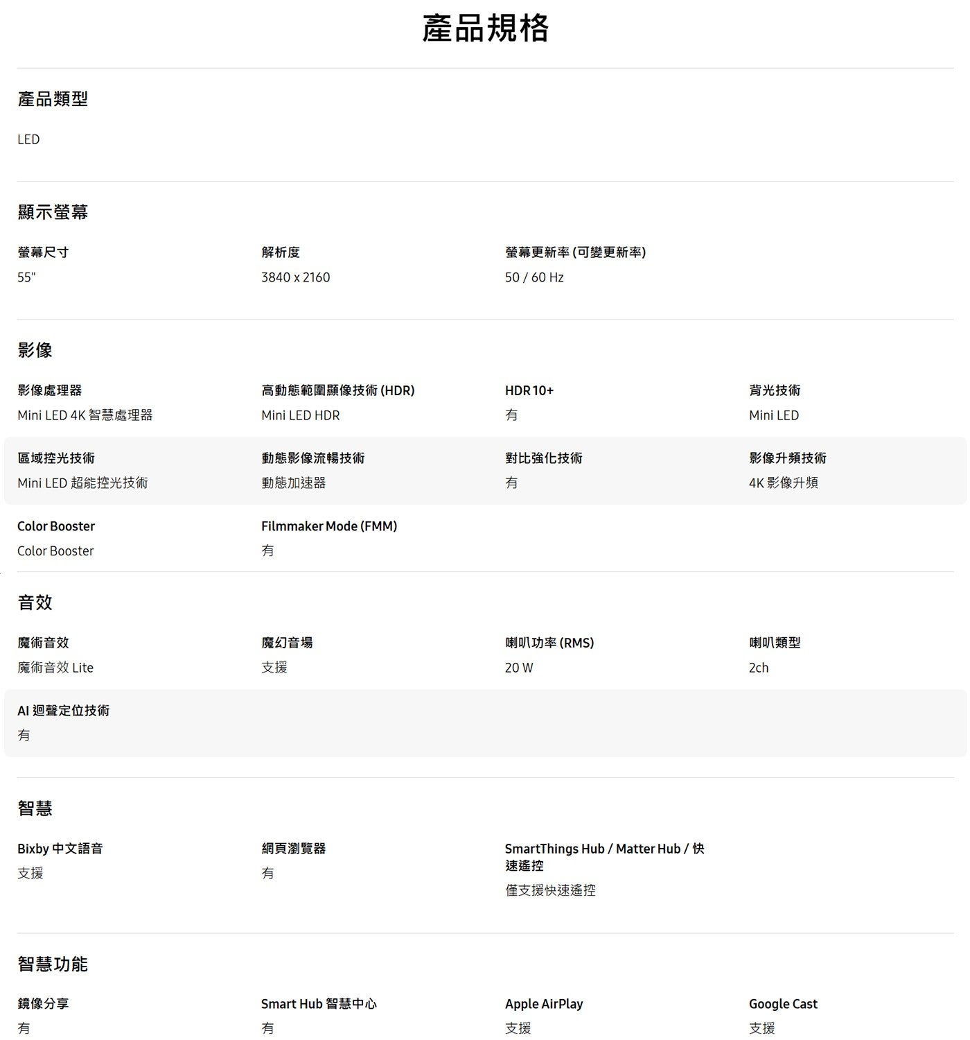 產品類型 LED 顯示螢幕 螢幕尺寸 影像 解析度 產品規格 螢幕更新率可變更新率 影像處理器 高動態範圍顯像技術 HDR Mini 4K 智慧處理器 HDR 有 區域控光技術 動態影像流暢技術...
