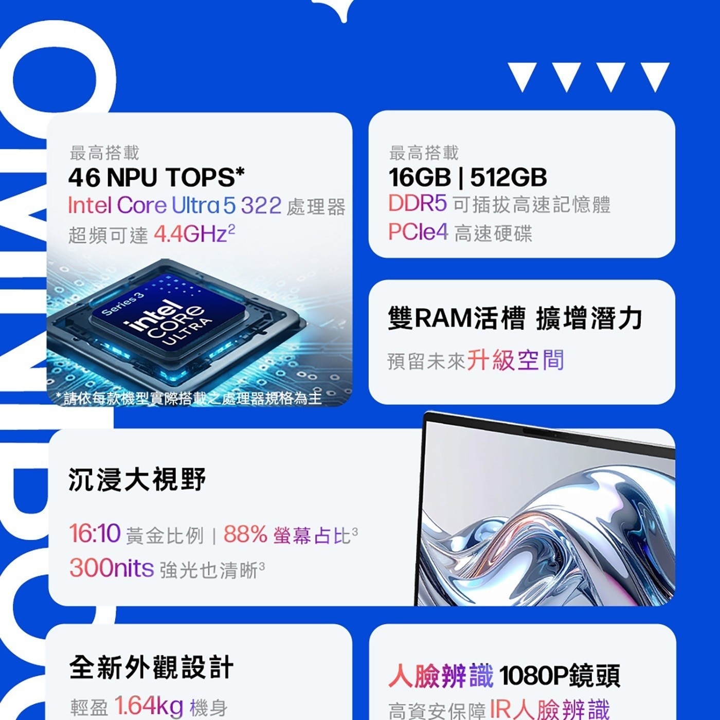 最高搭載 NPU TOPS Intel Core Ultr 處理器 超頻可達4.