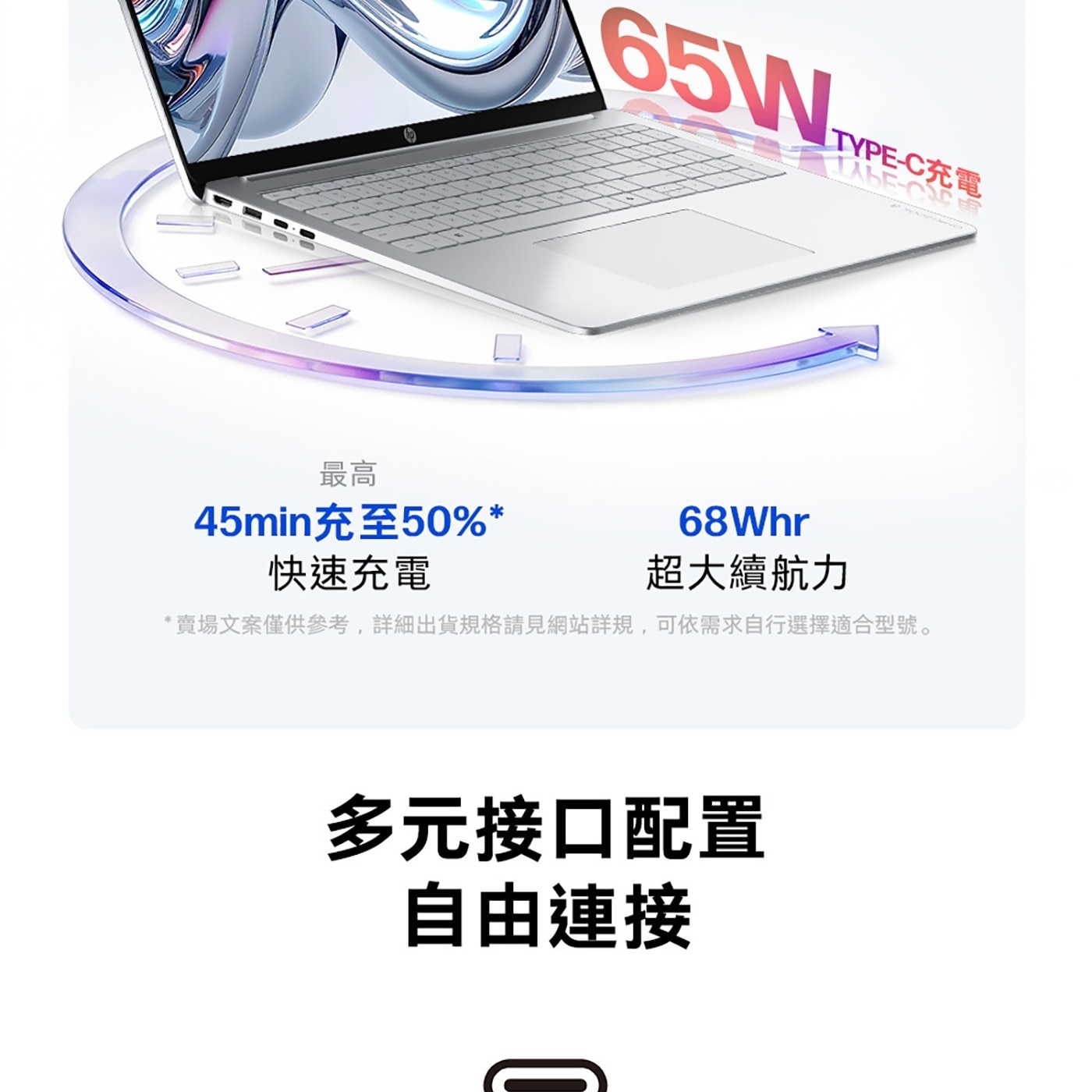 65W TYPE-C充電 最高 45min充至50 快速充電 超大續航力 賣場文案僅供參考,詳細出貨規格請見網站詳規,可依需求自行選擇適合型號。 多元接口配置 自由連接