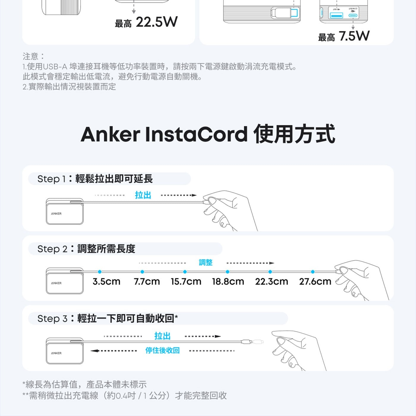 最高 DI 注意: 使用USB-A 埠連接耳機等低功率裝置時,請按兩下電源鍵啟動涓流充電模式。 此模式會穩定輸出低電流,避免行動電源自動關機。 2.實際輸出情況視裝置而定 最高7.