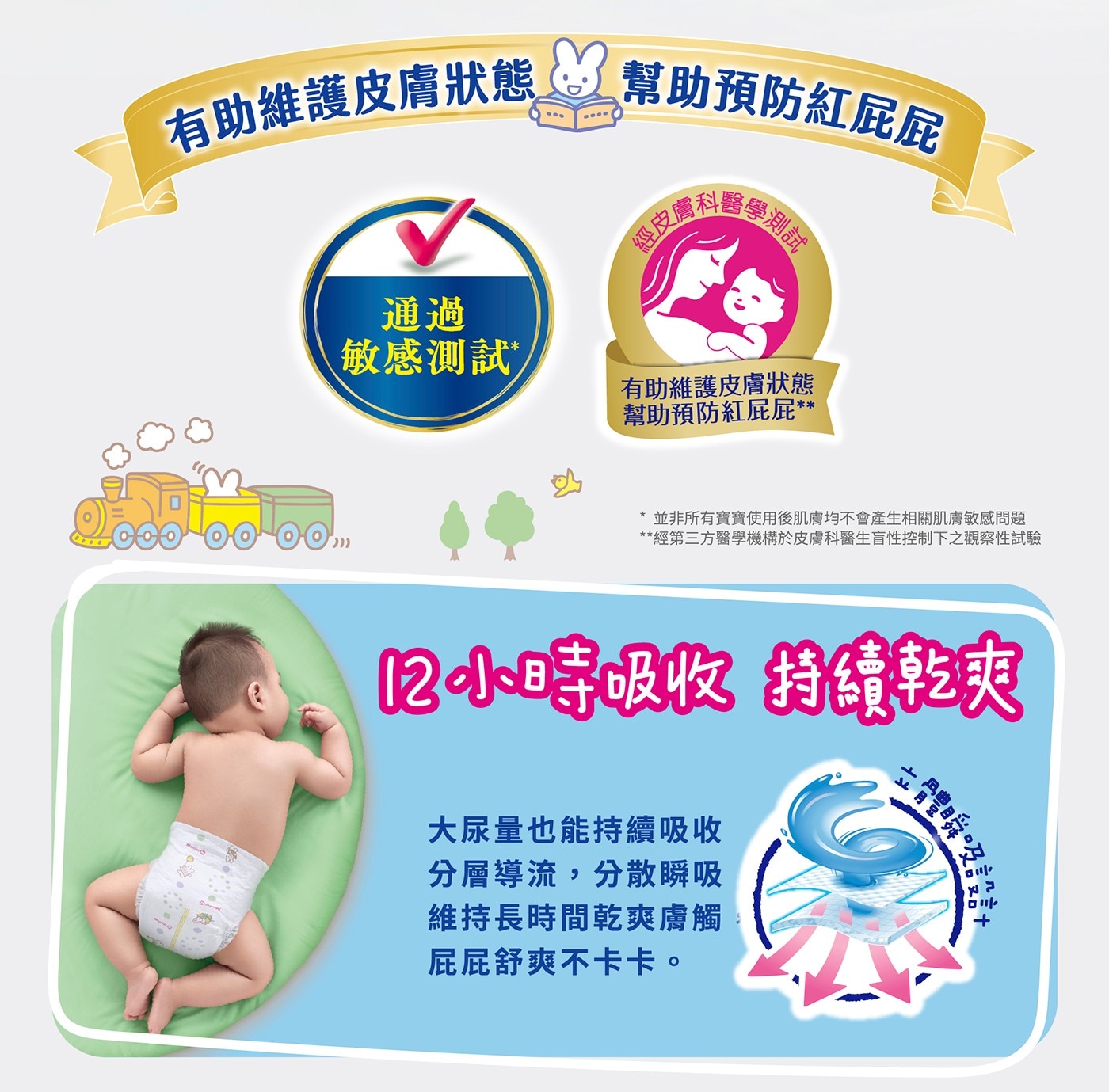 有助維護皮膚狀態 幫助預防紅屁屁 經皮膚科醫學認證 通過 敏感測試 幫助預防紅屁屁 並非所有寶寶使用後肌膚均不會產生相關肌膚敏感問題 經第3方醫學機構於皮膚科醫生盲性控制下之觀察性試驗...