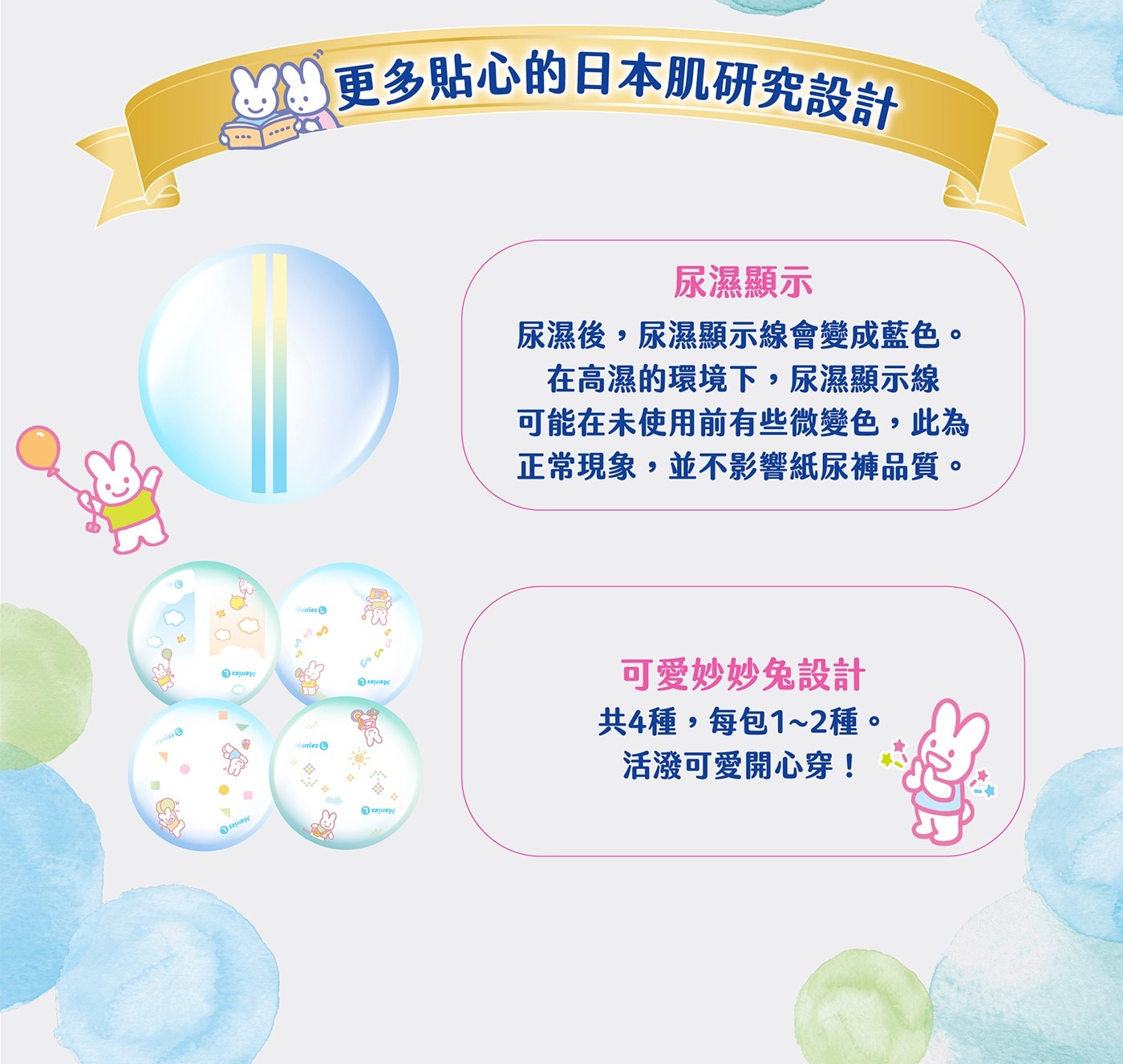 Merries Morries 更多貼心的日本肌研究設計 尿濕顯示 尿濕後,尿濕顯示線會變成藍色 在高濕的環境下,尿濕顯示線 可能在未使用前有些微變色,此為 正常現象,並不影響紙尿褲品質