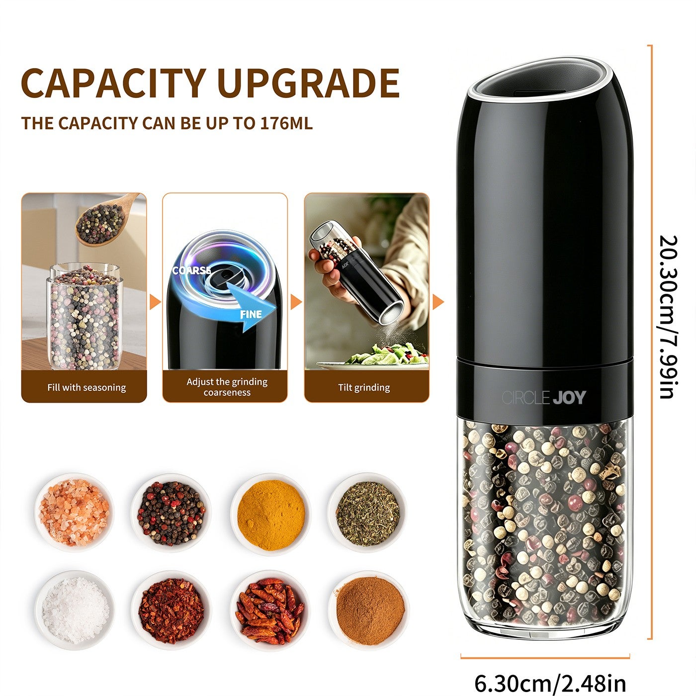 CAPACITY UPGRADE THE CAN BE UP TML COARSE FINE Adjust the grinding Fill with seasoning Tilt...