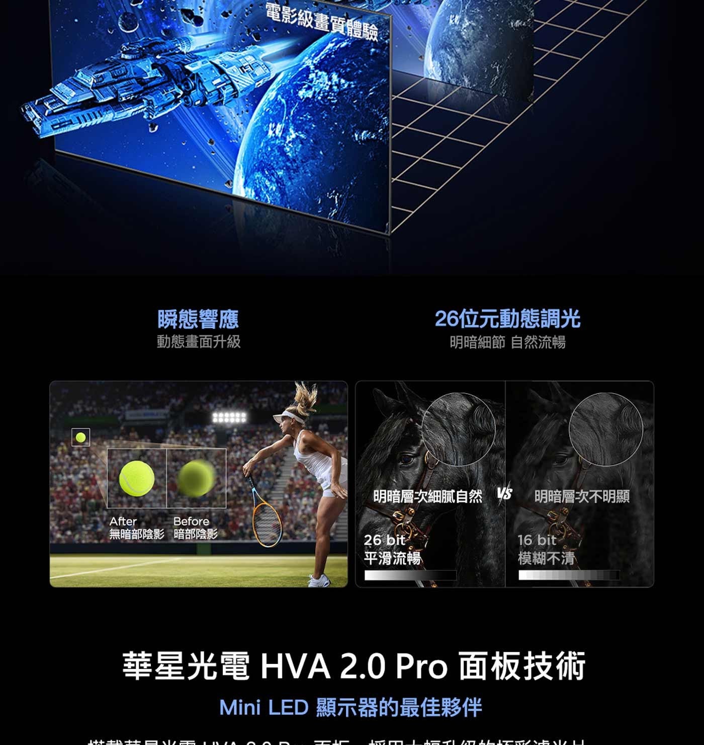 瞬態響應 動態畫面升級 電影級畫質體驗: 26位元動態調光 明暗細節 自然流暢 明暗層次細膩自然 VS 明暗層次不明顯 After Before 無暗部陰影 暗部陰影 bit 平滑流暢 模糊不清...