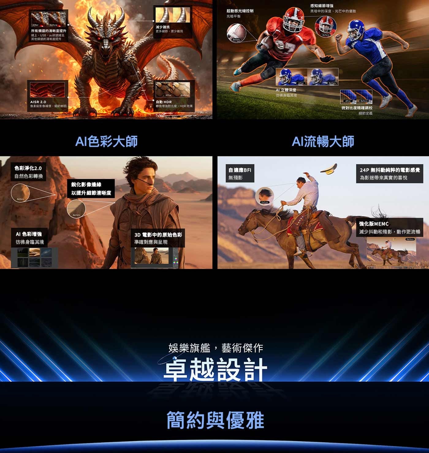 所有频道的清晰度提升 線上、USB、av訊號線及 其他頻道的清晰度提升 AISR 像素級影像補償,細節鮮明 AI色彩大師 色彩淨化2.