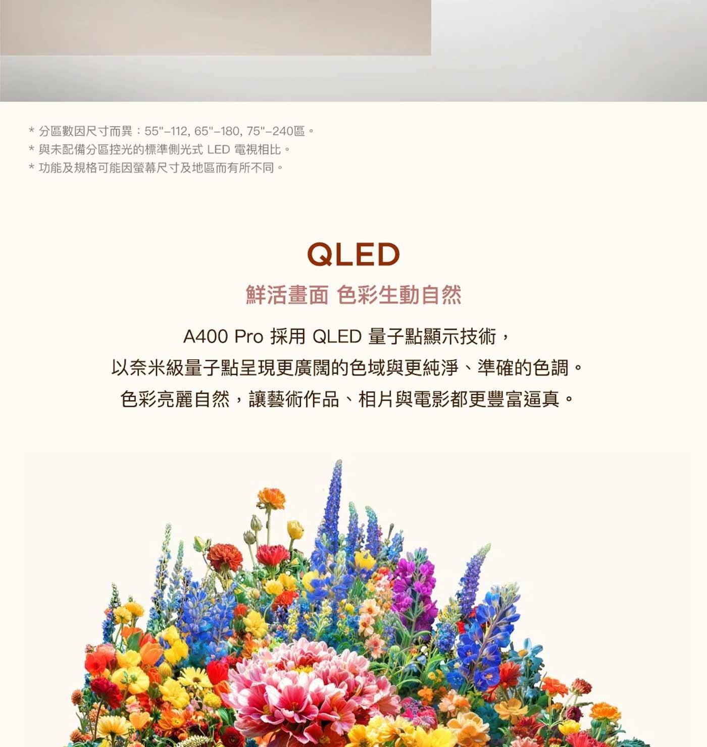分區數因尺寸而異:55-112,65-180,75-240區。 與未配備分區控光的標準側光式LED電視相比。 功能及規格可能因螢幕尺寸及地區而有所不同。