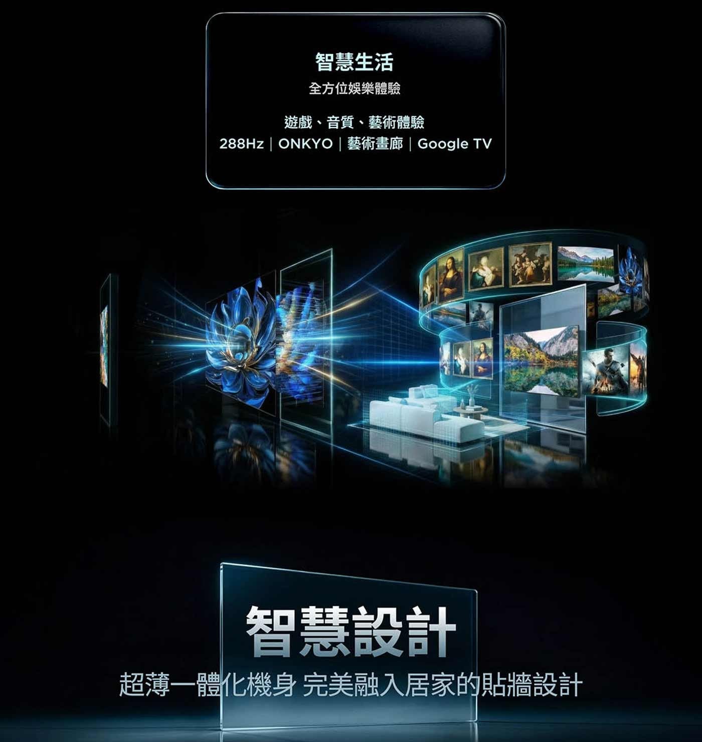智慧生活 全方位娛樂體驗 遊戲、音質、藝術體驗 288hz ONKYO 藝術畫廊 Google TV 智慧設計 超薄1體化機身 完美融入居家的貼牆設計