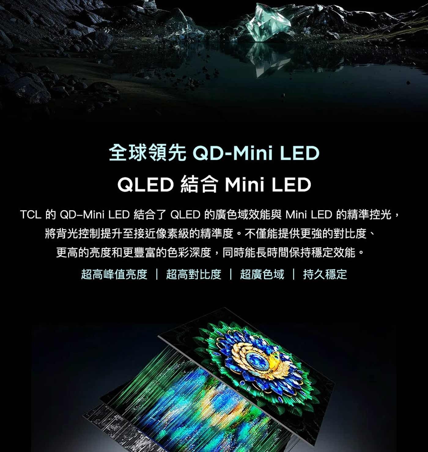 全球領先 LED QLED 結合 Mini TCL 的 結合了 的廣色域效能與 的精準控光, 將背光控制提升至接近像素級的精準度。
