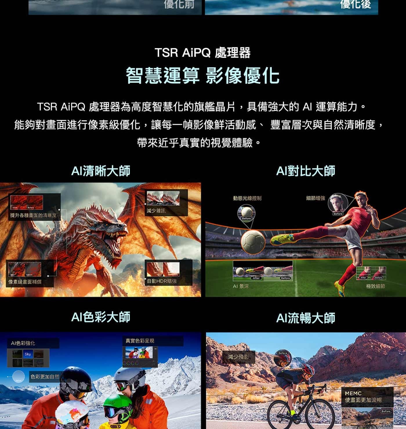 優化前 優化後 TSR AiPQ 處理器 智慧運算 影像優化 處理器為高度智慧化的旗艦晶片,具備強大的AI 運算能力。