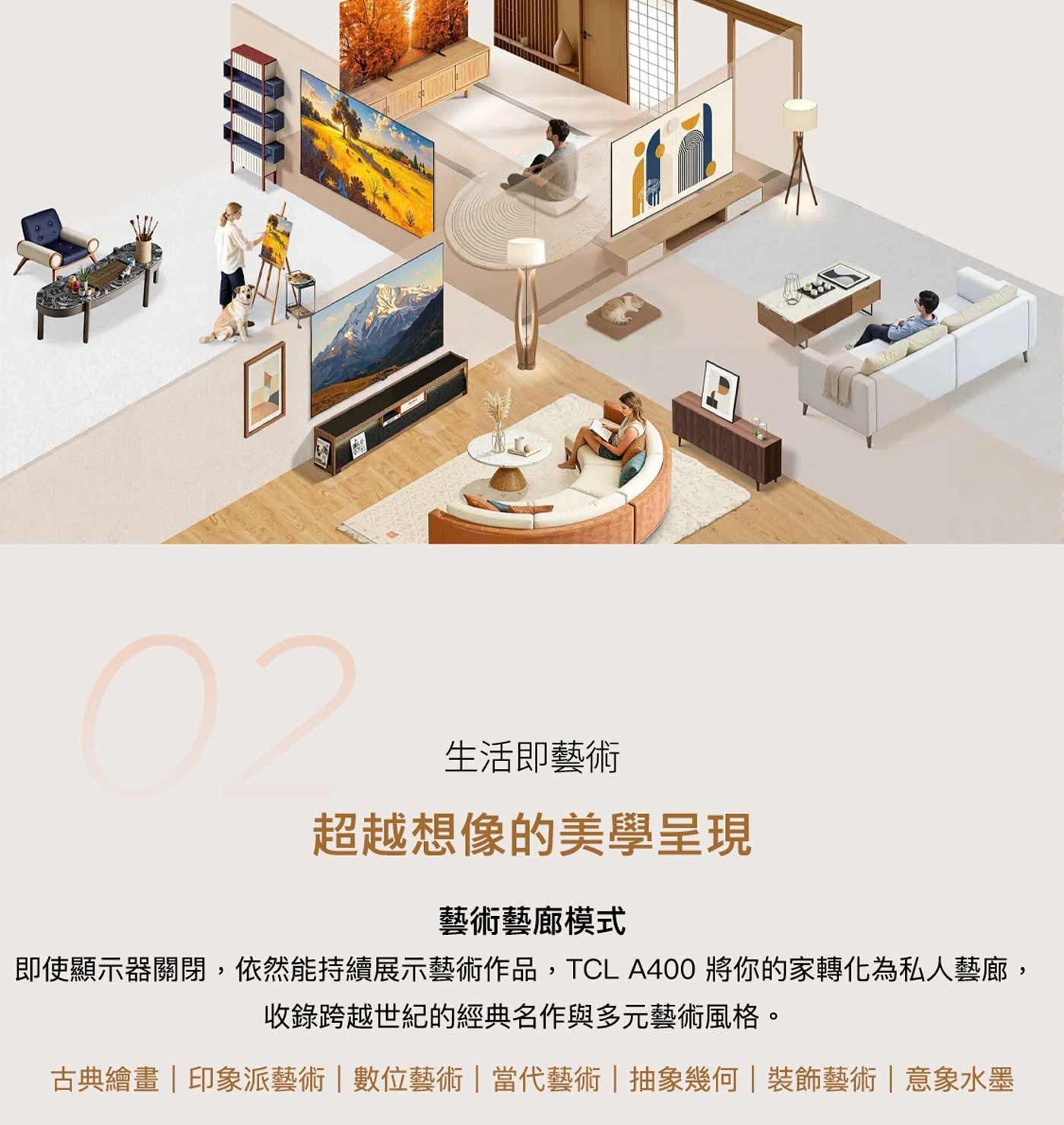 生活即藝術超越想像的美學呈現藝術藝廊模式即使顯示器關閉,依然能持續展示藝術作品,TCL A400 將你的家轉化為私人藝廊...