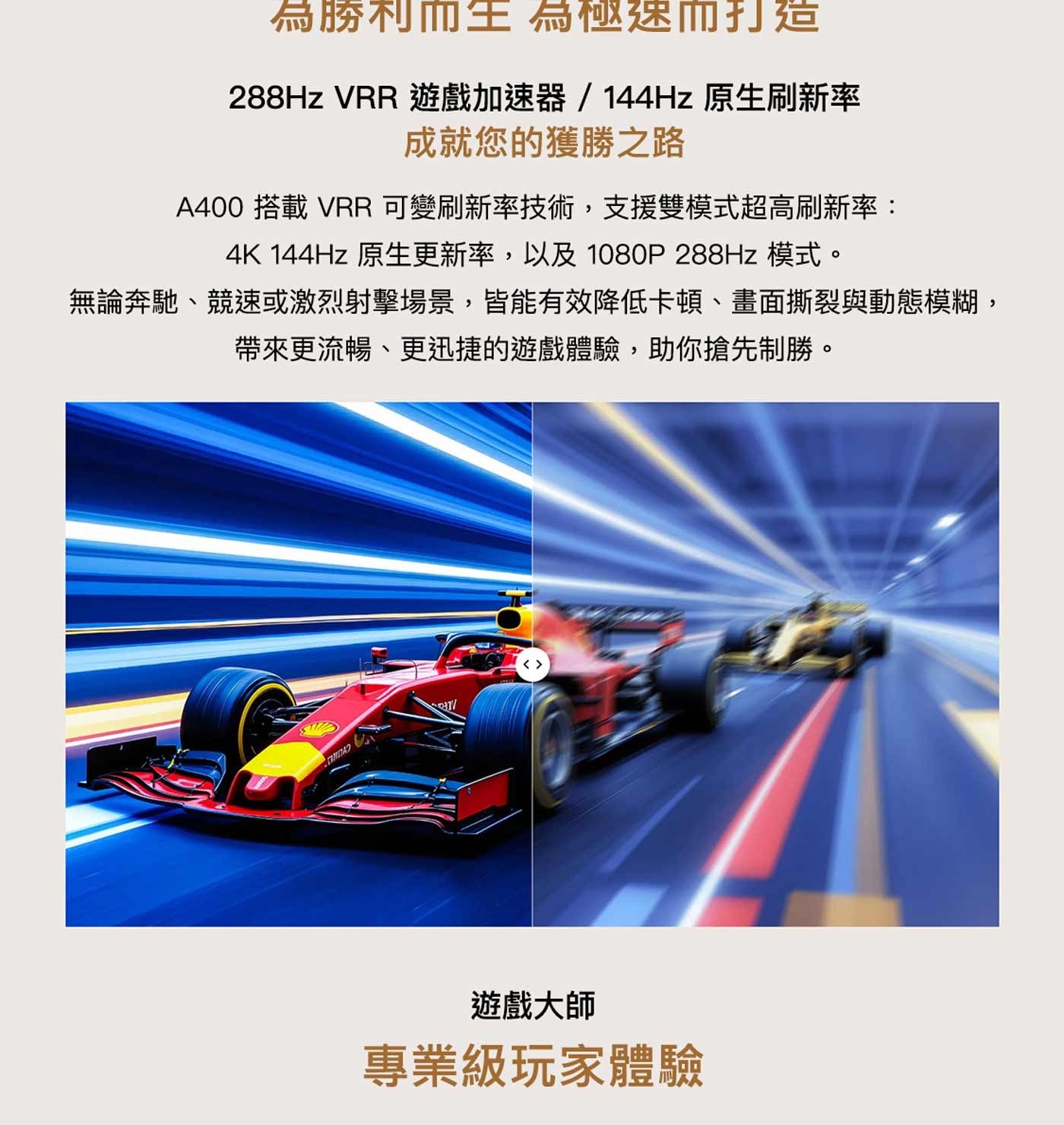 為勝利而生為極速而打造 288Hz VRR 遊戲加速器/144Hz 原生刷新率成就您的獲勝之路 A400 搭載 VRR可變刷新率技術,支援雙模式超高刷新率: 4Hz 原生更新率...