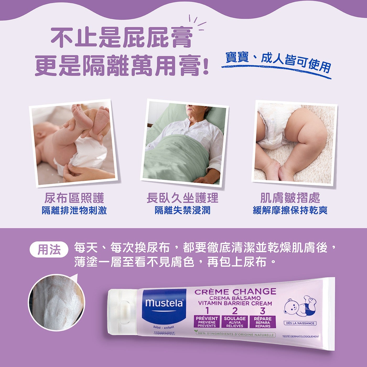 不止是屁屁膏更是隔離萬用臺! 寶寶、成人皆可使用尿布區照護隔離排泄物刺激長臥久坐護理隔離失禁浸潤肌膚皺摺處緩解摩擦保持乾爽用法每天、每次換尿布,都要徹底清潔並乾燥肌膚後, 薄塗1層至看不見膚色,再包上尿布