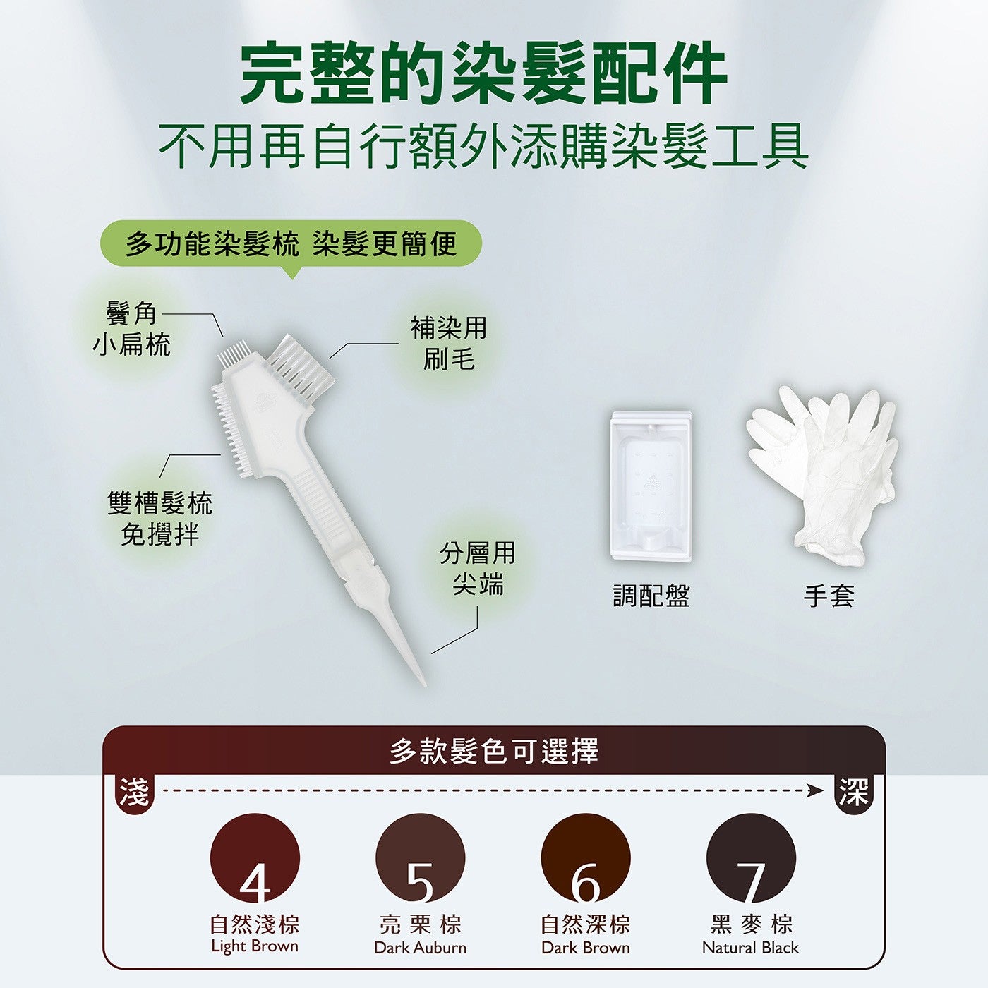 完整的染髮配件不用再自行額外添購染髮工具多功能染髮梳染髮更簡便鬢角小扁梳雙槽髮梳免攪拌淺補染用刷毛分層用尖端調配盤手套多款髮色可選擇自然淺棕 Light Brown 亮栗棕自然深棕黑麥棕深